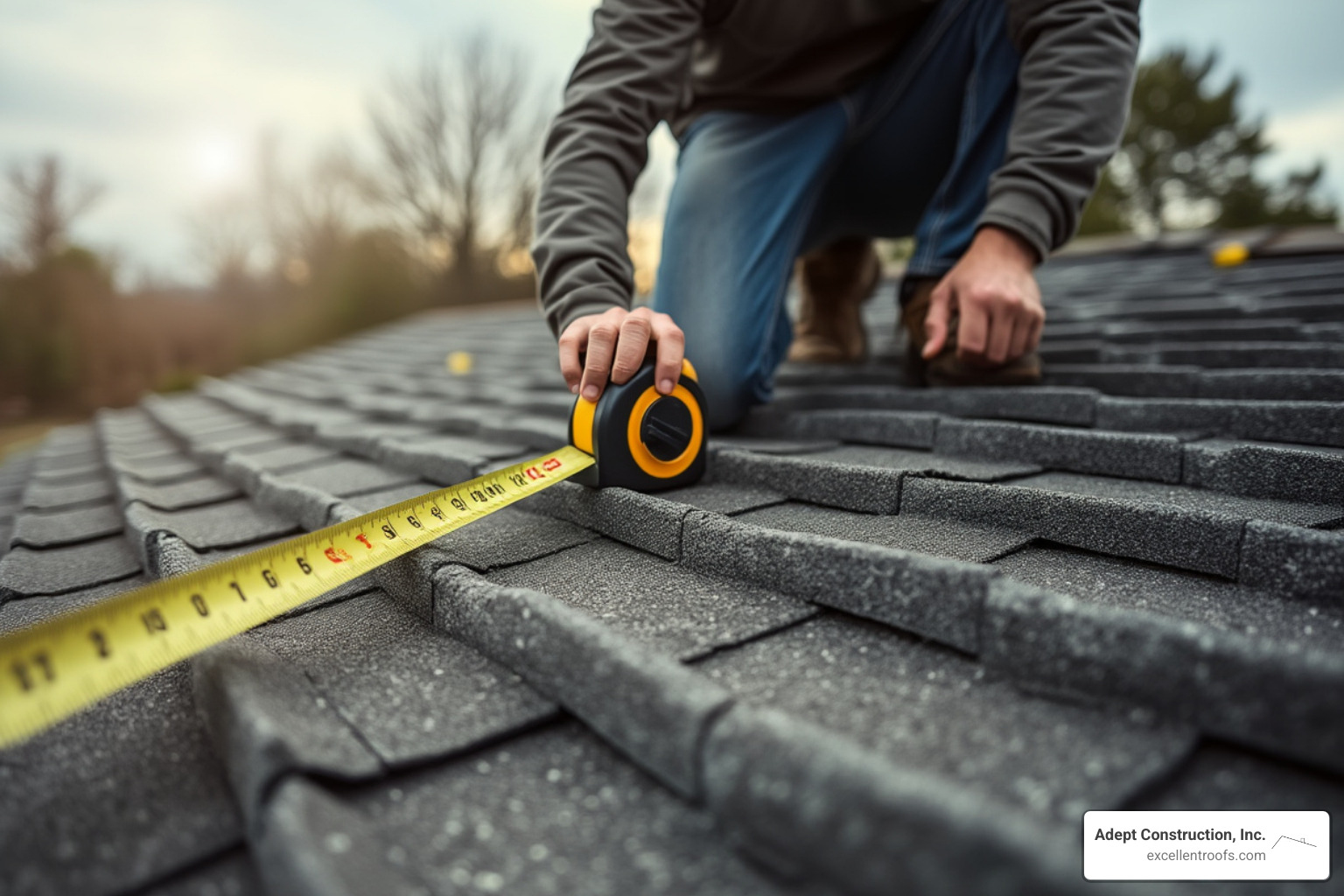 roofer using measuring tape on roof slope - roof replacement cost