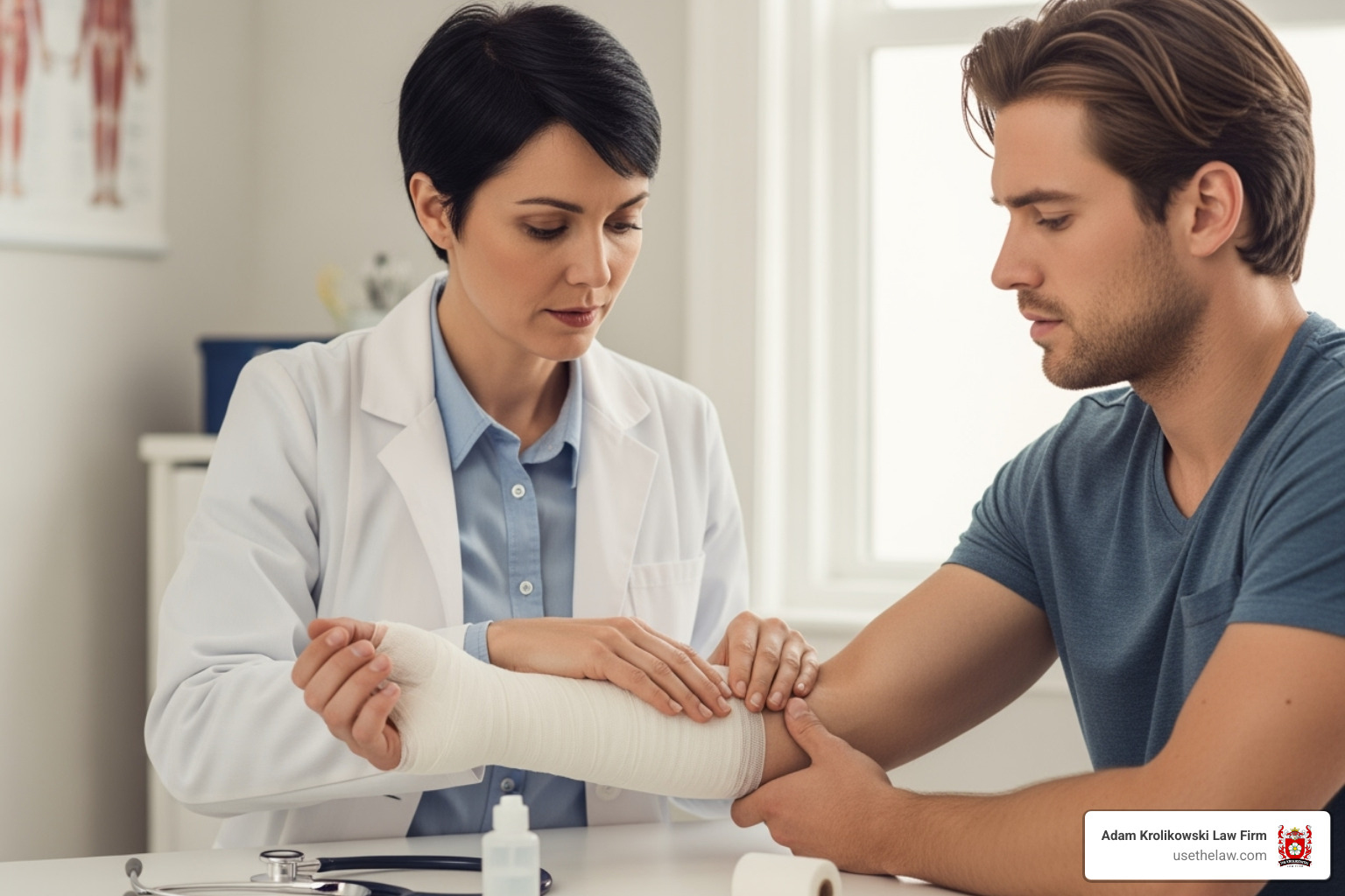 doctor examining a patient's bandaged arm - Dog bite settlement amount doctor examining a patient's bandaged arm - Dog bite settlement amount