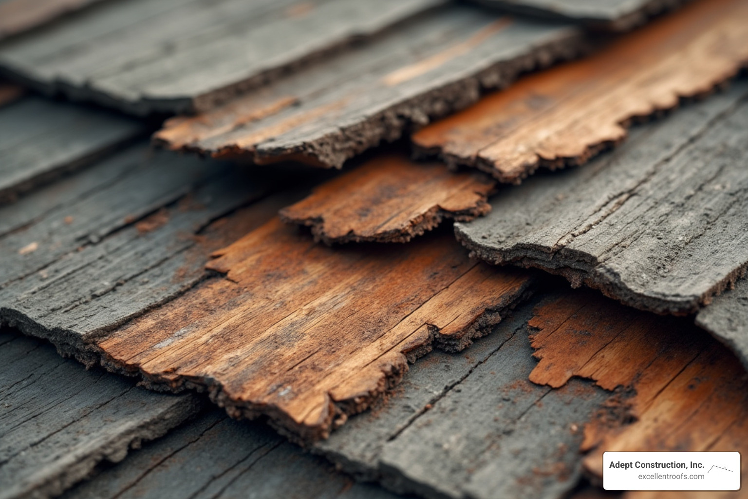 Damaged cedar shake with curling and splitting - cedar roof replacement cost