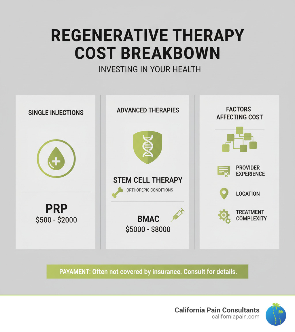 Infographic showing cost breakdown of regenerative injection therapies including PRP at $500-2000 per injection, stem cell therapy at $5000-8000 for orthopedic conditions, and BMAC at $3000-5000, with factors affecting cost like provider experience, location, and treatment complexity - regenerative injection therapy cost infographic Infographic showing cost breakdown of regenerative injection therapies including PRP at $500-2000 per injection, stem cell therapy at $5000-8000 for orthopedic conditions, and BMAC at $3000-5000, with factors affecting cost like provider experience, location, and treatment complexity - regenerative injection therapy cost infographic