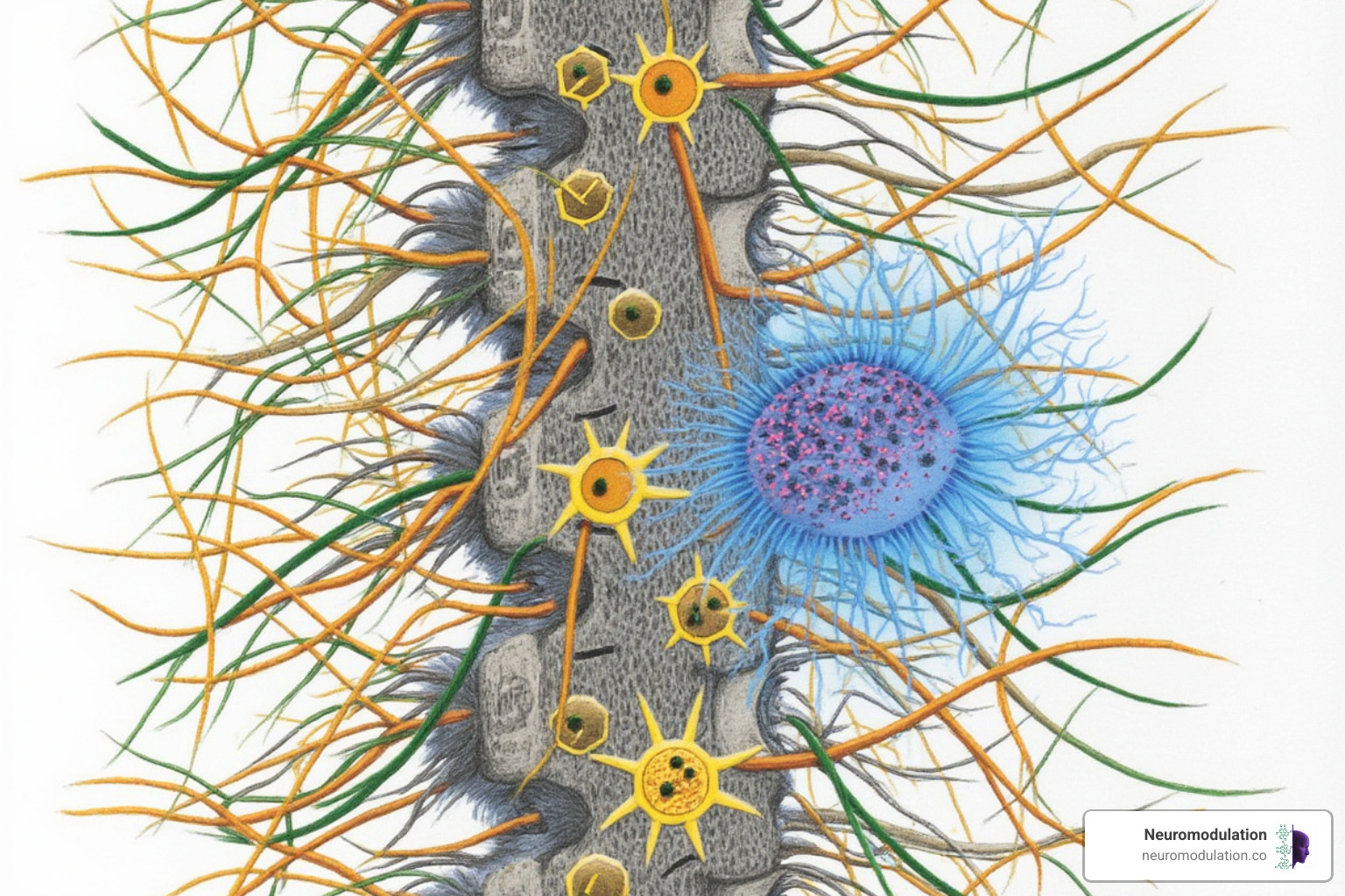 illustrating the interaction between neurons and glial cells in the spinal cord - DTM SCS therapy illustrating the interaction between neurons and glial cells in the spinal cord - DTM SCS therapy