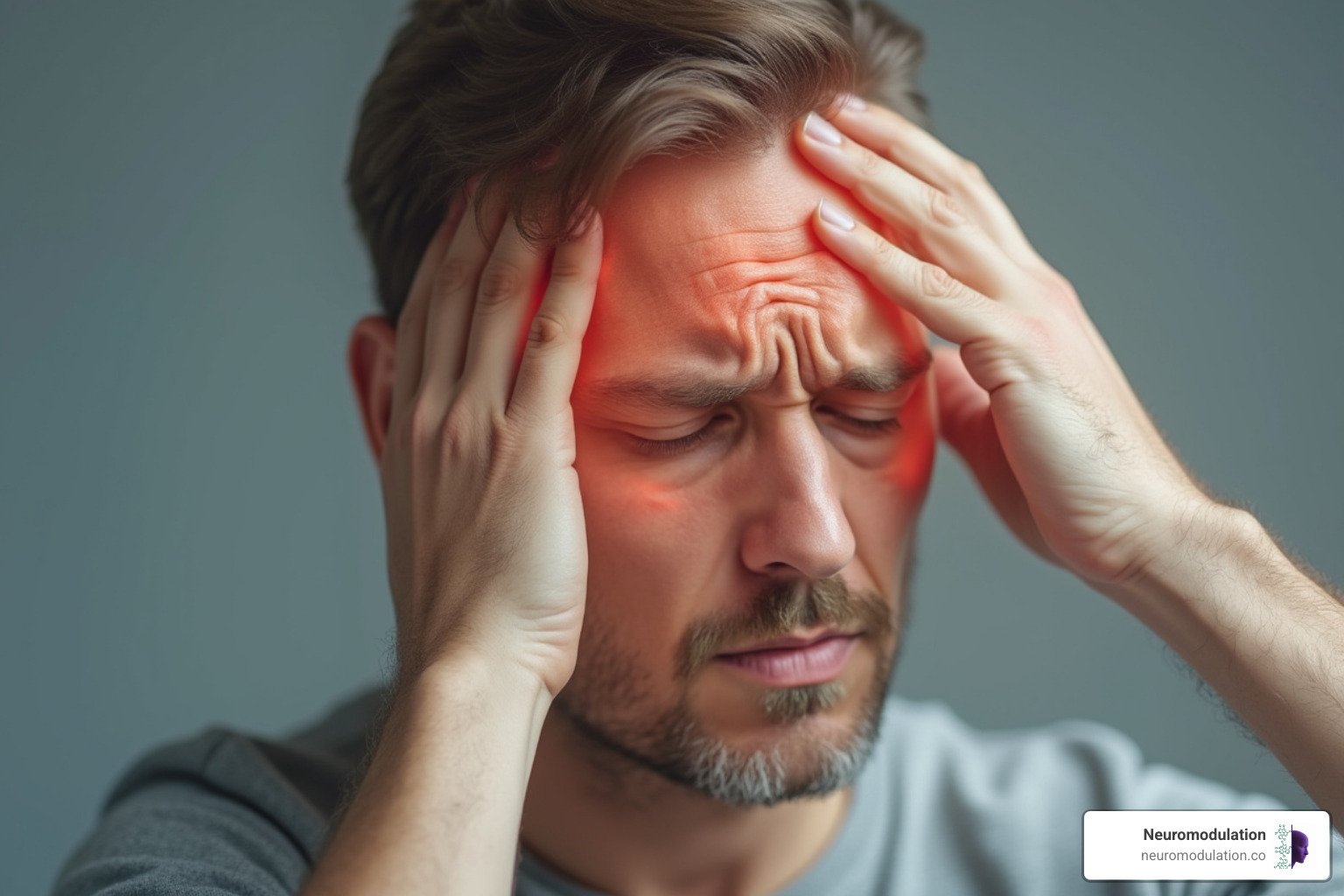 A person gently touching their temple, indicating mild scalp discomfort or headache after a session - TMS therapy risks