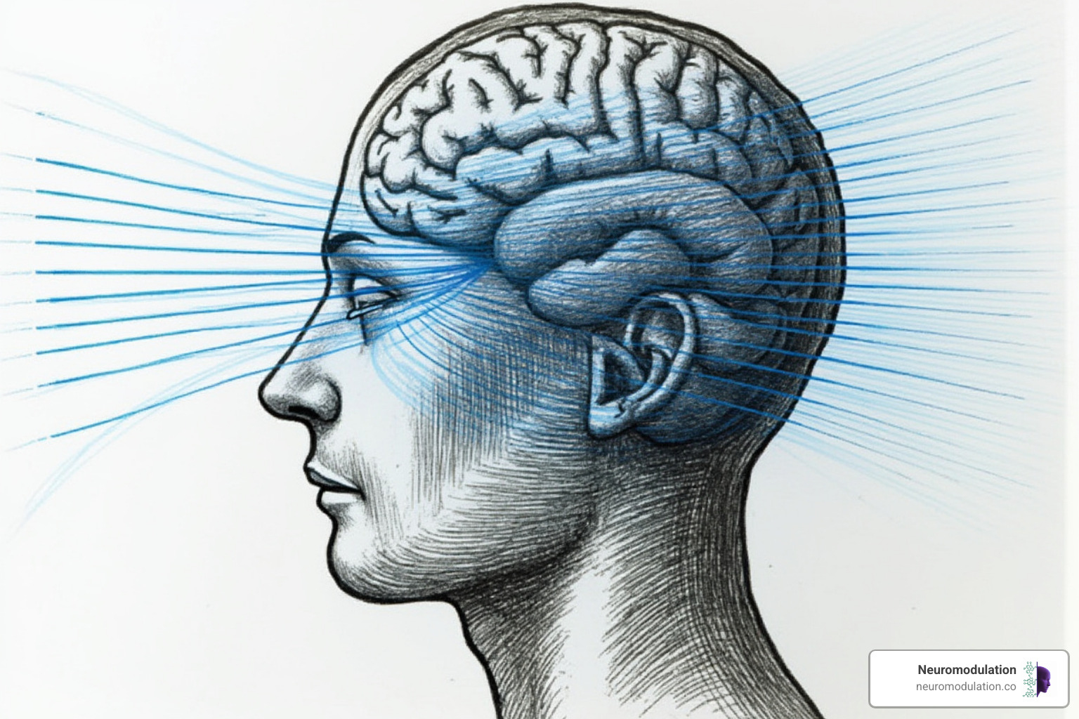 Diagram showing the prefrontal cortex being stimulated by a TMS coil, with neural pathways lighting up - TMS therapy risks