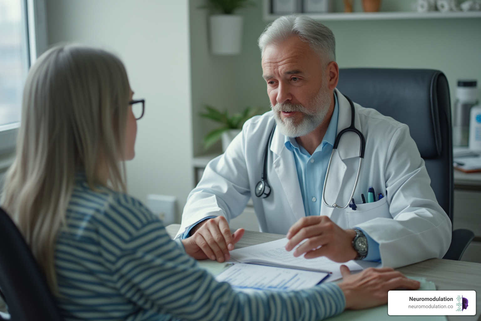 A doctor discussing treatment options and patient history with a patient in a medical office setting - TMS therapy risks