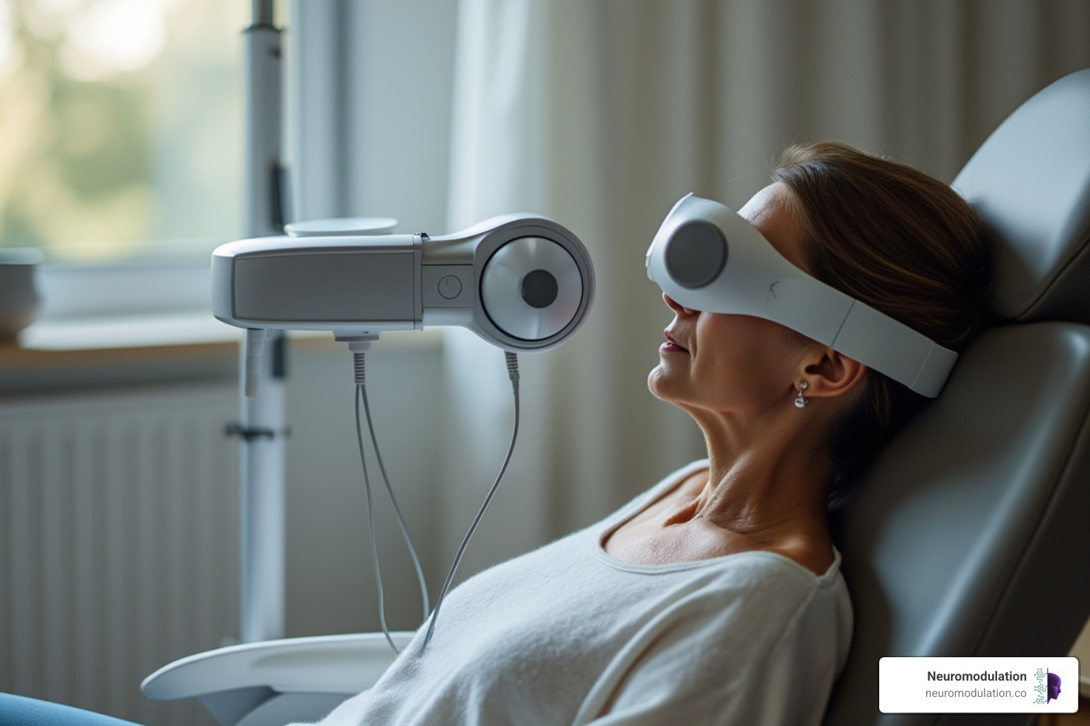 A modern TMS therapy device with a coil positioned over a patient's head in a comfortable treatment chair - TMS therapy risks