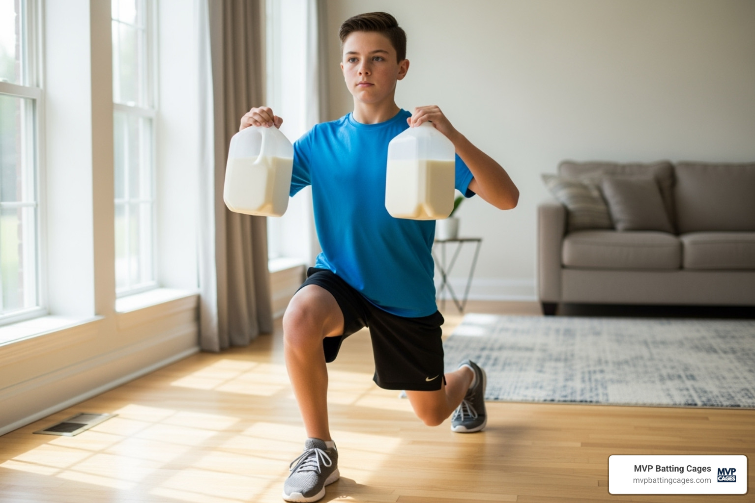 A young athlete demonstrating a lunge exercise while holding a milk jug as a makeshift weight - Youth baseball workouts