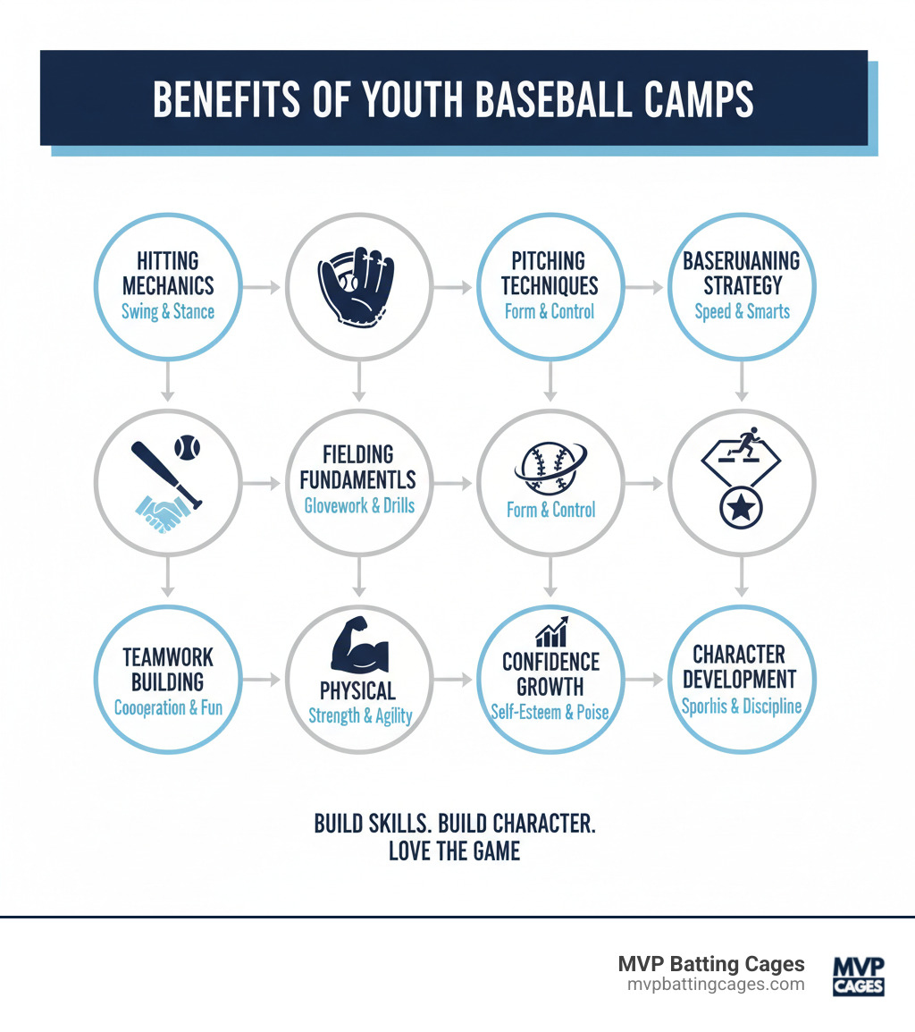 Benefits of Youth Baseball Camps infographic showing skill development areas including hitting mechanics, fielding fundamentals, pitching techniques, baserunning strategy, teamwork building, confidence growth, physical fitness improvement, and character development through sportsmanship and discipline - baseball camps for kids infographic 