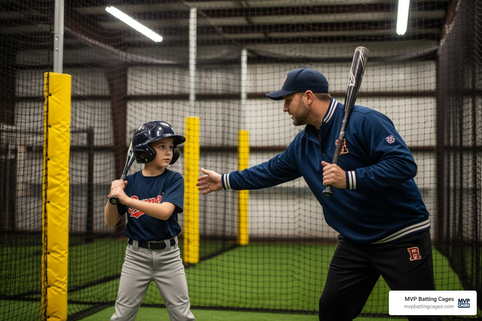 a young player getting one-on-one instruction from an MVP Batting Cages coach - baseball camps for kids