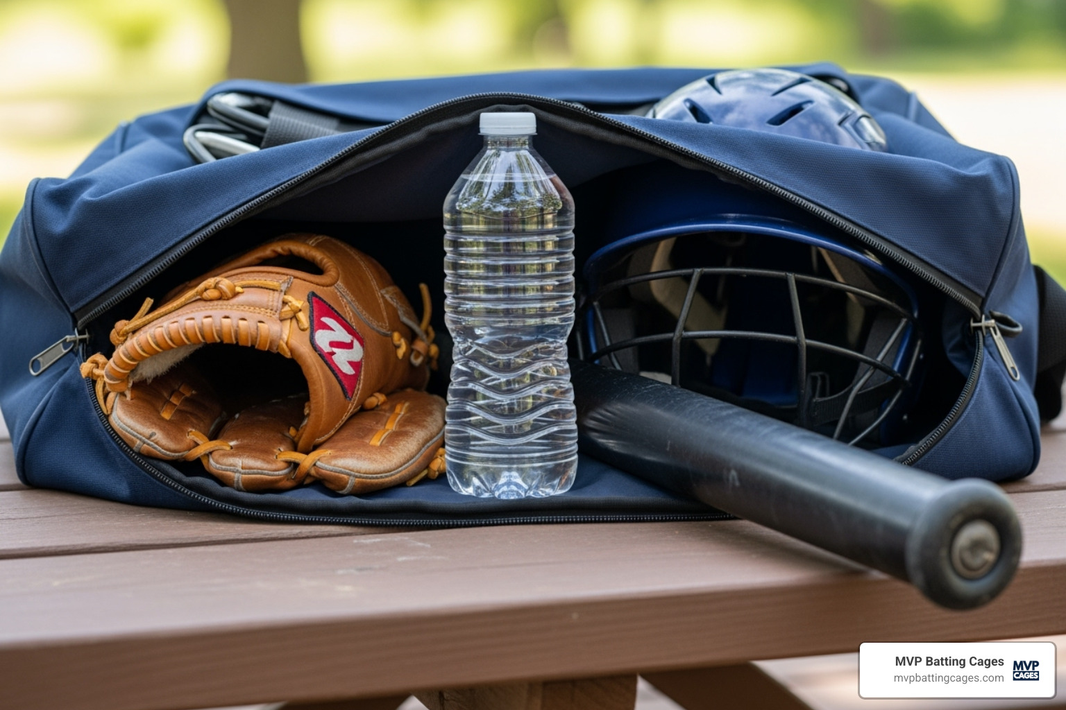 a baseball bag packed with gear like a glove, bat, helmet, and water bottle - baseball camps for kids