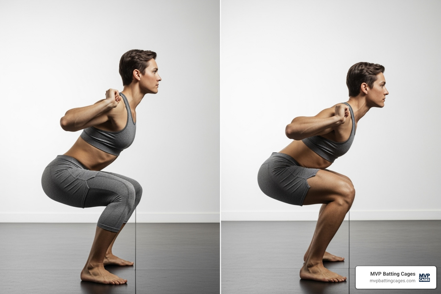A graphic illustrating the difference between proper squat form (straight back, knees behind toes) and improper squat form (rounded back, knees over toes) - Youth baseball workouts