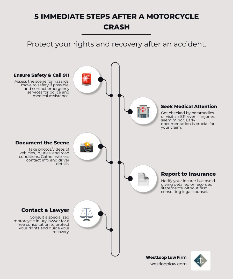 Infographic showing 5 immediate steps after a motorcycle crash: 1) Ensure safety and call 911, 2) Seek immediate medical attention even if injuries seem minor, 3) Document the scene with photos and gather witness information, 4) Report to insurance but avoid giving detailed statements, 5) Contact a motorcycle injury lawyer for a free consultation - motorcycle injury lawyer near me infographic infographic-line-5-steps-neat_beige Infographic showing 5 immediate steps after a motorcycle crash: 1) Ensure safety and call 911, 2) Seek immediate medical attention even if injuries seem minor, 3) Document the scene with photos and gather witness information, 4) Report to insurance but avoid giving detailed statements, 5) Contact a motorcycle injury lawyer for a free consultation - motorcycle injury lawyer near me infographic infographic-line-5-steps-neat_beige