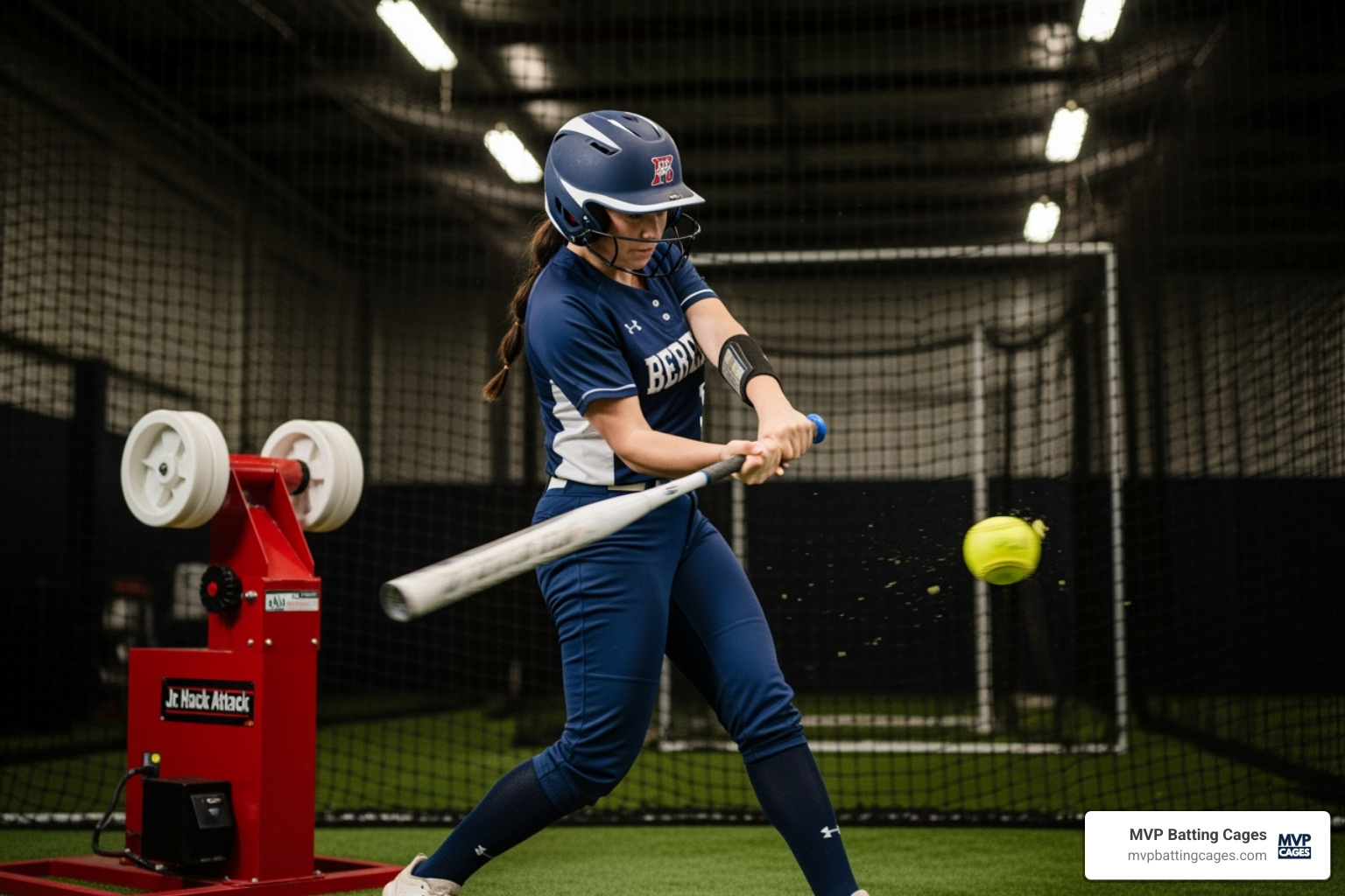 softball player hitting a pitch from a Jr Hack Attack machine - batting cages in gilbert arizona