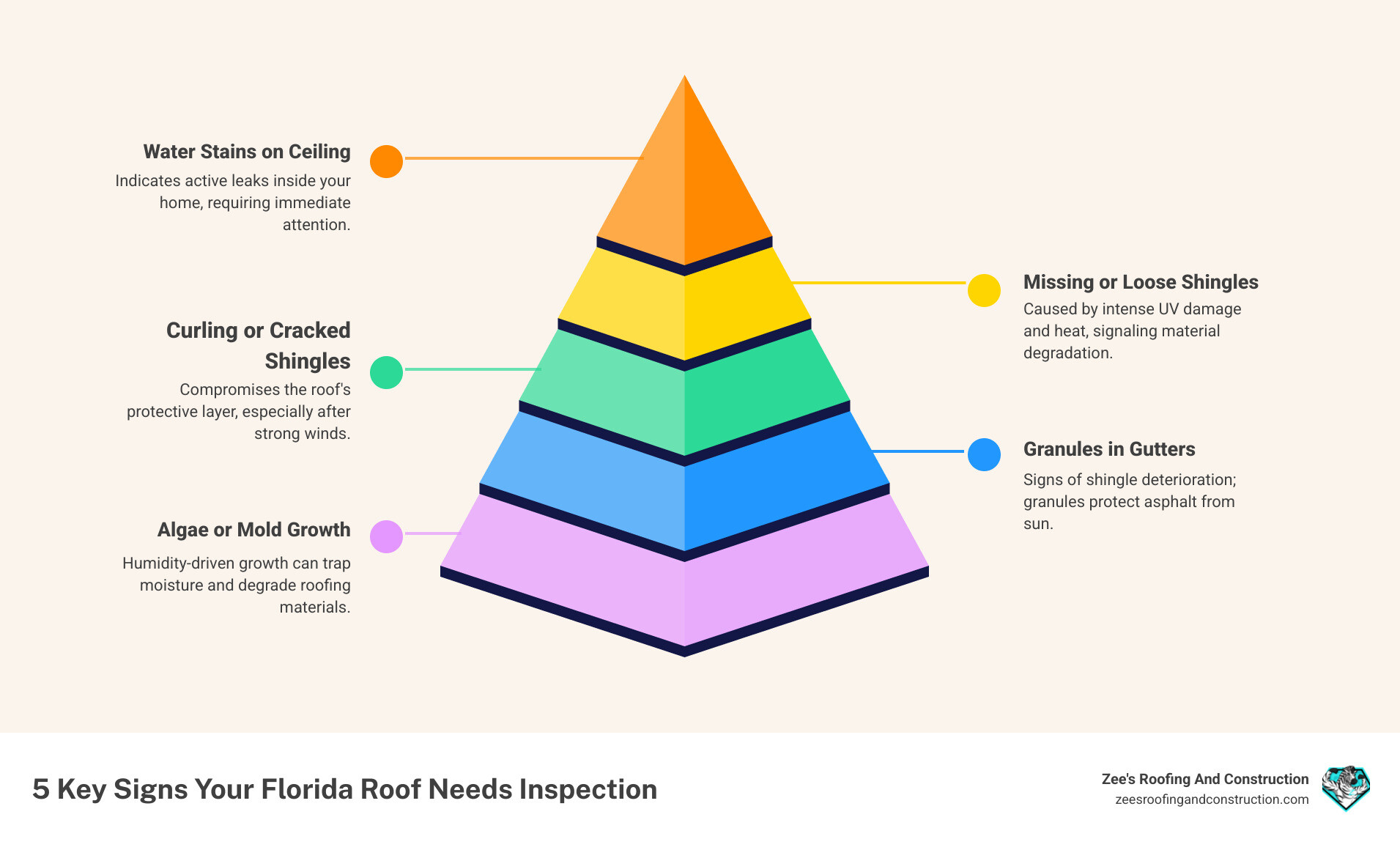 Infographic showing 5 key signs your Florida roof needs professional inspection: 1) Curling or cracked shingles from UV damage, 2) Granules collecting in gutters indicating shingle deterioration, 3) Water stains on interior ceilings from leaks, 4) Missing or loose shingles after storms, 5) Algae or mold growth from humidity exposure - windermere roofing contractors infographic pyramid-hierarchy-5-steps Infographic showing 5 key signs your Florida roof needs professional inspection: 1) Curling or cracked shingles from UV damage, 2) Granules collecting in gutters indicating shingle deterioration, 3) Water stains on interior ceilings from leaks, 4) Missing or loose shingles after storms, 5) Algae or mold growth from humidity exposure - windermere roofing contractors infographic pyramid-hierarchy-5-steps