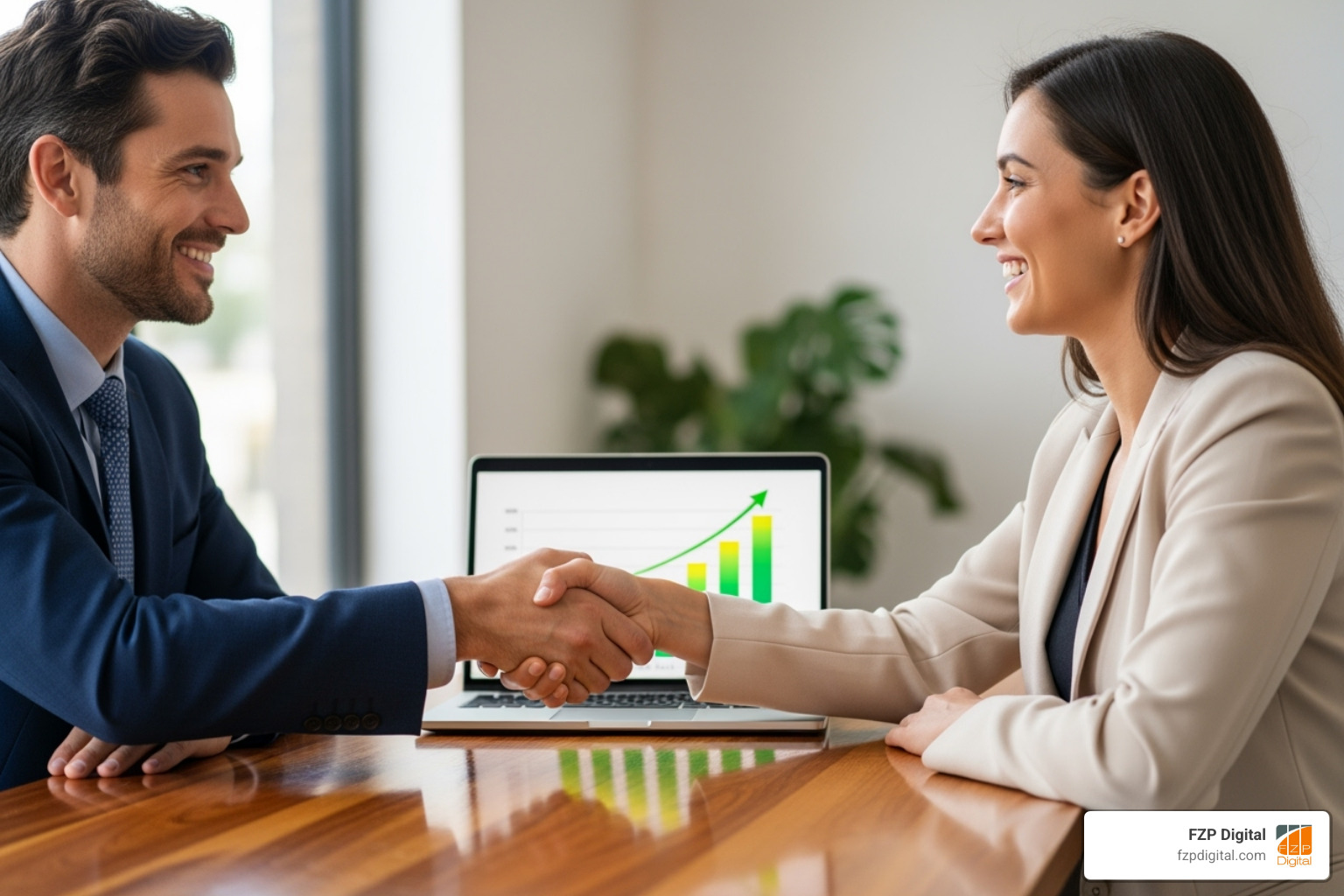 two people shaking hands over a table with a laptop showing positive growth charts - Google SEO expert two people shaking hands over a table with a laptop showing positive growth charts - Google SEO expert