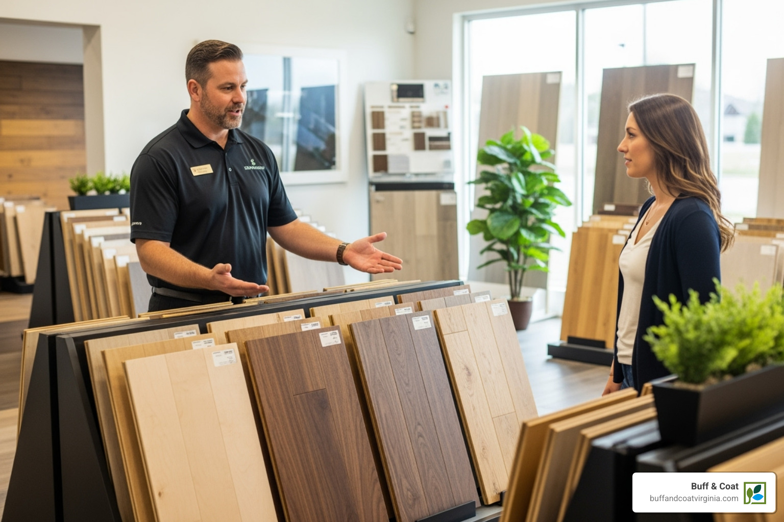 flooring expert in a showroom explaining different wood samples to a customer - hard wood floor supply richmond va flooring expert in a showroom explaining different wood samples to a customer - hard wood floor supply richmond va