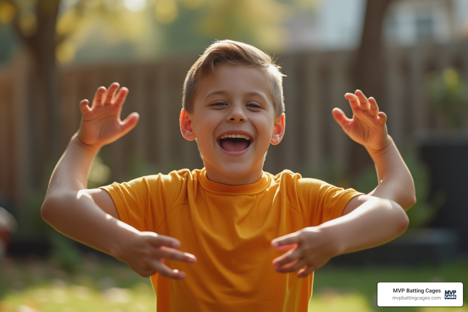A young boy enthusiastically performing arm circles as part of his dynamic warm-up - Youth baseball workouts