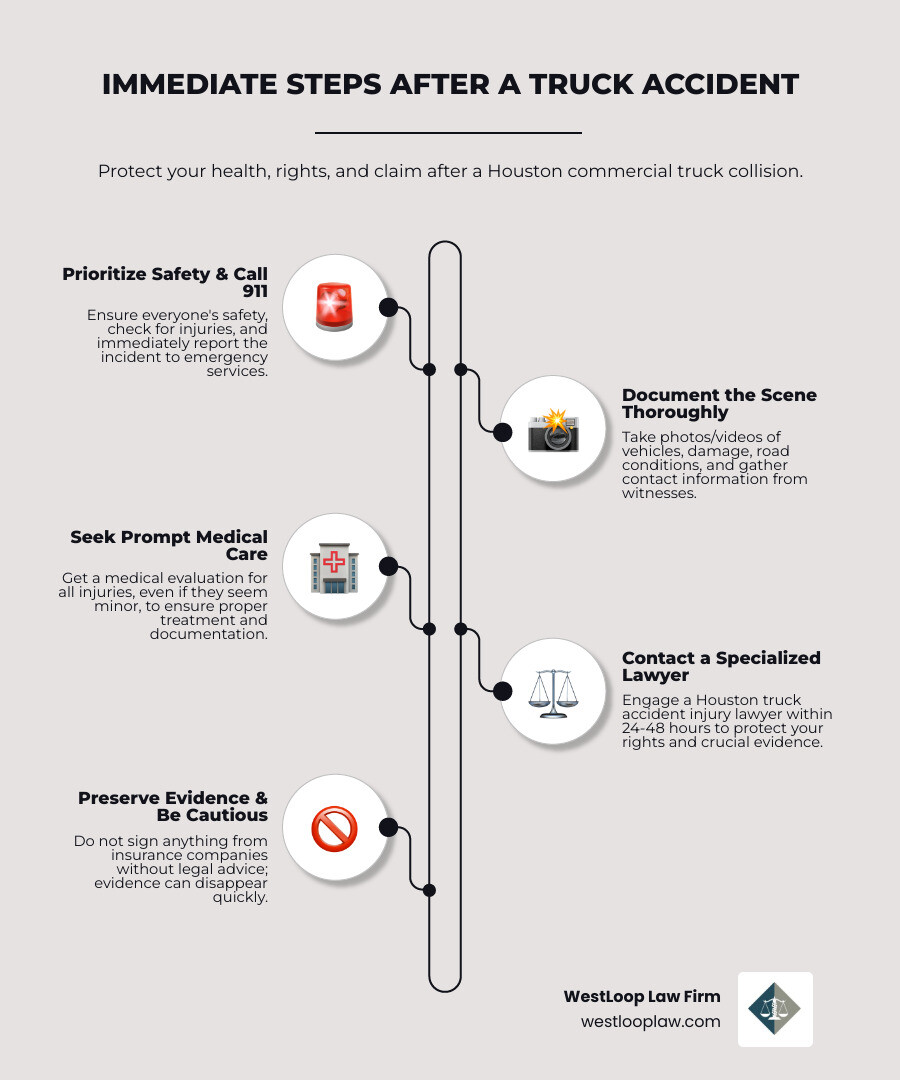 Infographic showing immediate steps after a Houston truck accident: 1) Ensure safety and call 911, 2) Document scene with photos, 3) Get witness information, 4) Seek medical attention, 5) Contact a truck accident lawyer within 24-48 hours, 6) Preserve evidence before trucking company destroys it, 7) Avoid signing anything from insurance companies - houston truck accident injury lawyer infographic infographic-line-5-steps-neat_beige Infographic showing immediate steps after a Houston truck accident: 1) Ensure safety and call 911, 2) Document scene with photos, 3) Get witness information, 4) Seek medical attention, 5) Contact a truck accident lawyer within 24-48 hours, 6) Preserve evidence before trucking company destroys it, 7) Avoid signing anything from insurance companies - houston truck accident injury lawyer infographic infographic-line-5-steps-neat_beige