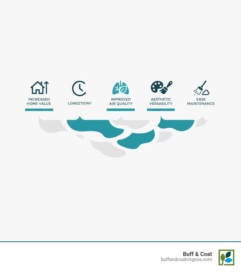 Top 5 benefits of installing hardwood floors: increased home value, longevity, improved air quality, aesthetic versatility, and ease of maintenance - hard wood floor supply richmond va infographic Top 5 benefits of installing hardwood floors: increased home value, longevity, improved air quality, aesthetic versatility, and ease of maintenance - hard wood floor supply richmond va infographic