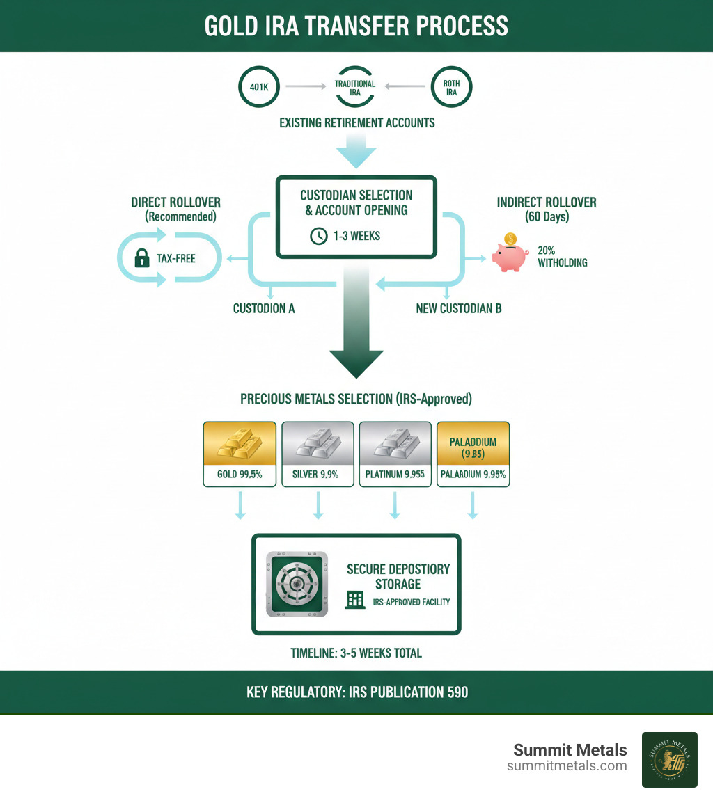 Detailed infographic showing the complete Gold IRA transfer process: starting with existing retirement accounts (401k, Traditional IRA, Roth IRA), flowing through custodian selection, account opening, fund transfer methods (direct vs indirect rollover), IRS-approved precious metals selection (gold 99.5%, silver 99.9%, platinum/palladium 99.95%), and ending with secure depository storage, including timeline expectations and key regulatory requirements - transfer gold ira infographic 