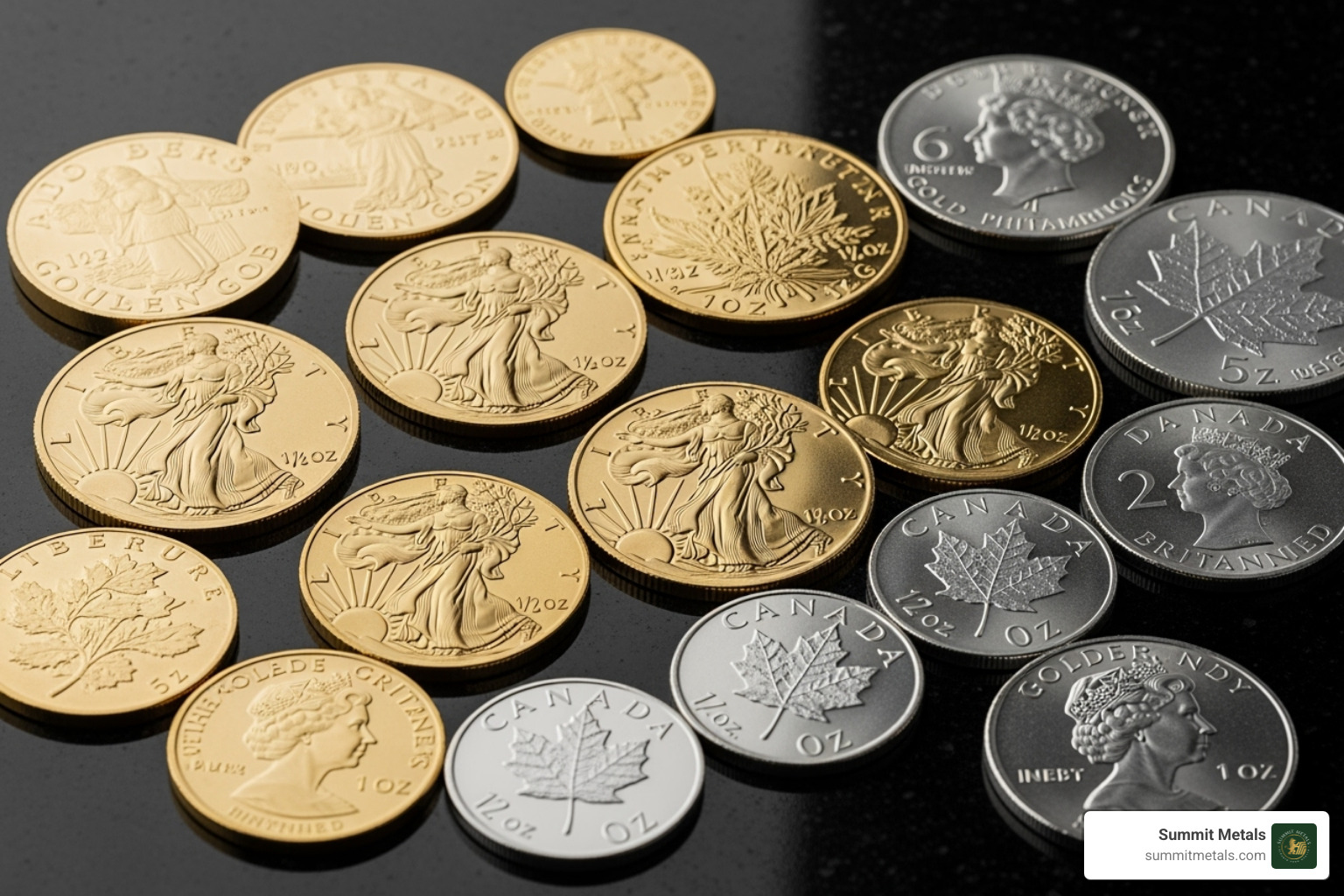 image of various IRS-approved gold and silver coins like the American Eagle and Canadian Maple Leaf. - transfer gold ira