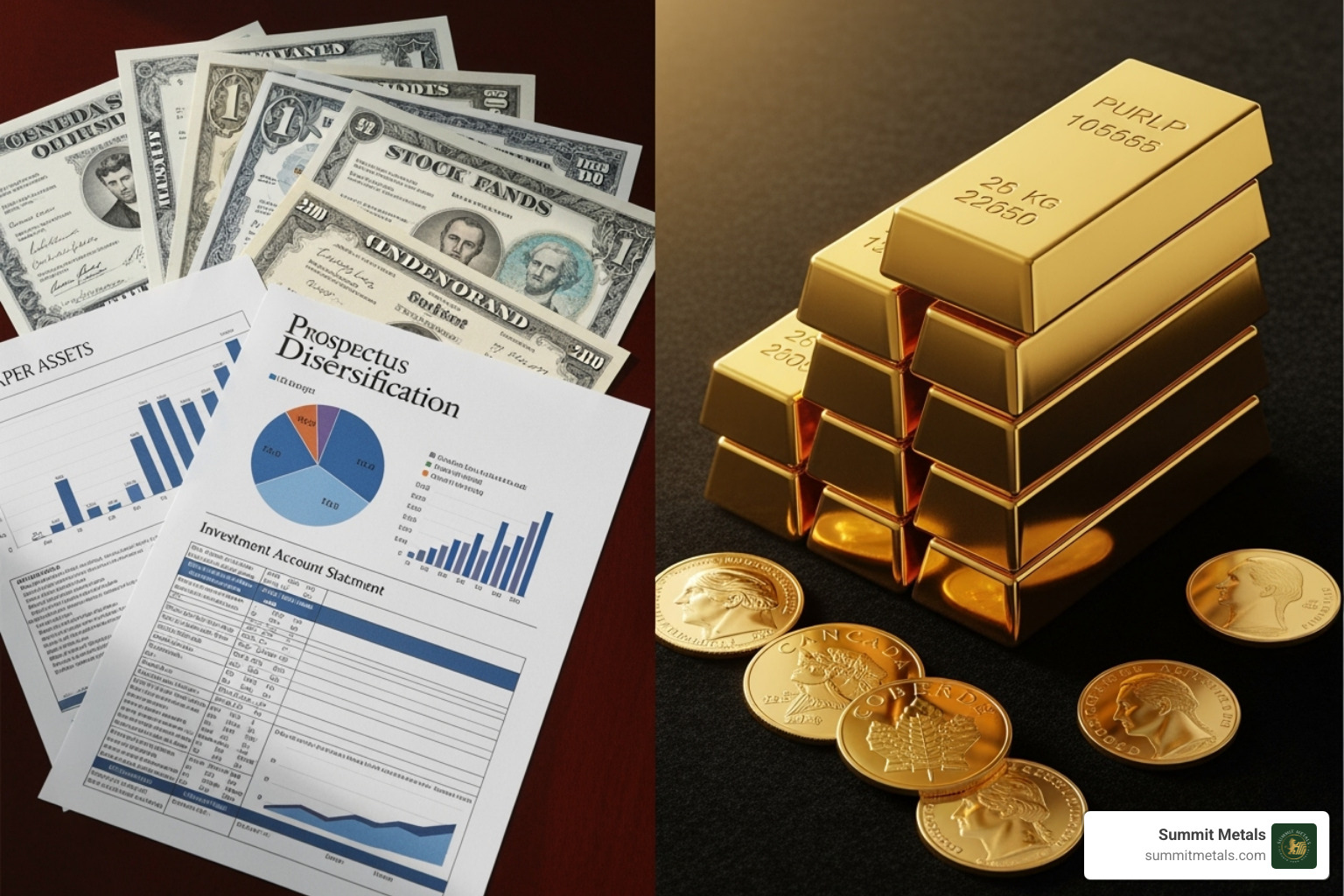 image comparing the asset holdings of a standard IRA (stocks, bonds, mutual funds) versus a Gold IRA (physical gold bars and coins) - transfer gold ira