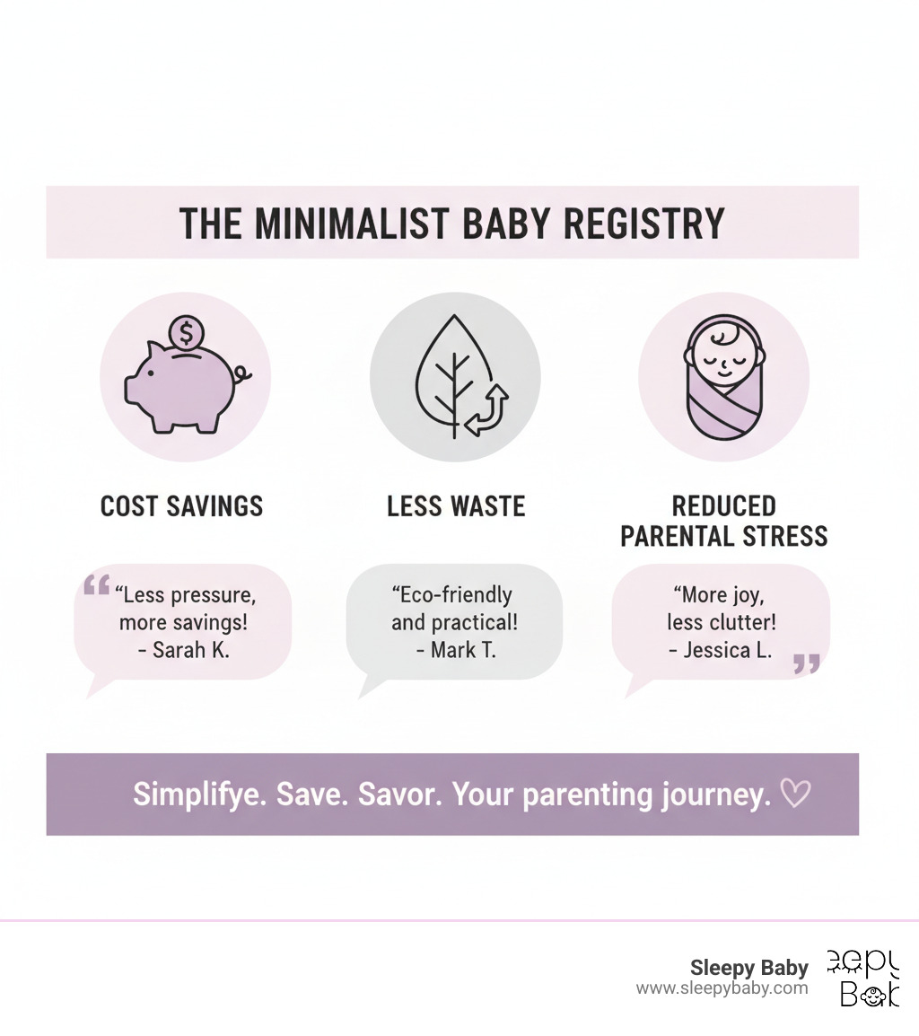 Infographic showing the benefits of a minimalist baby registry: cost savings, less waste, and reduced parental stress, with testimonials from parents who successfully adopted the minimalist approach - minimalist baby essentials infographic  Infographic showing the benefits of a minimalist baby registry: cost savings, less waste, and reduced parental stress, with testimonials from parents who successfully adopted the minimalist approach - minimalist baby essentials infographic
