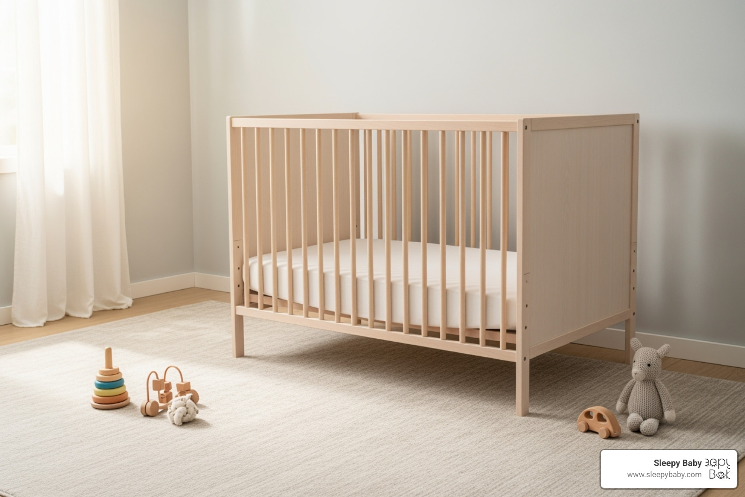 A simple wooden convertible crib in a clutter-free room with a soft rug and a few natural toys - minimalist baby essentials A simple wooden convertible crib in a clutter-free room with a soft rug and a few natural toys - minimalist baby essentials