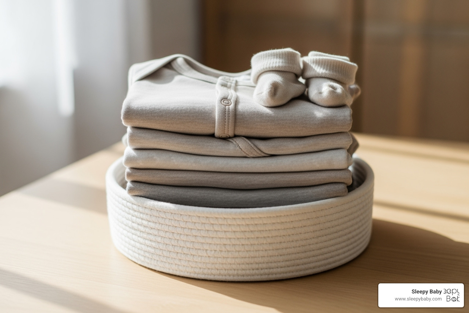 A small, organized collection of neutral baby clothes folded neatly in a basket - minimalist baby essentials A small, organized collection of neutral baby clothes folded neatly in a basket - minimalist baby essentials