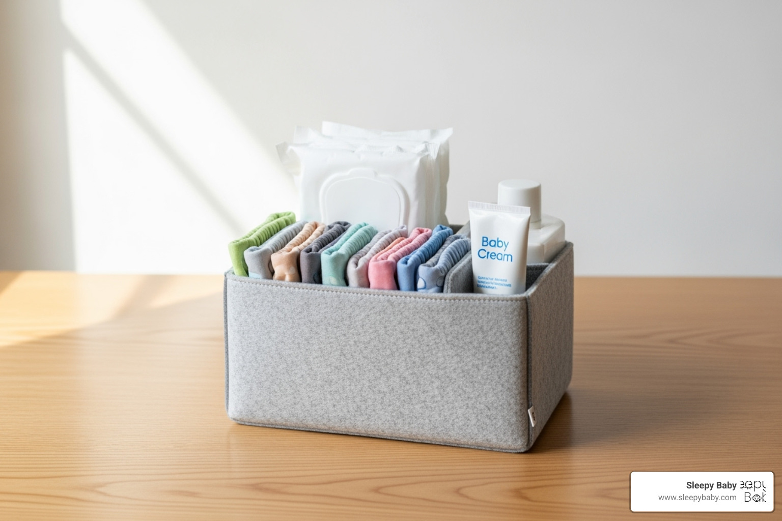 A simple diaper caddy with cloth diapers, wipes, and cream on a wooden surface - minimalist baby essentials A simple diaper caddy with cloth diapers, wipes, and cream on a wooden surface - minimalist baby essentials