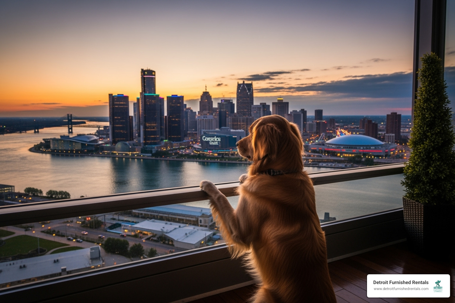 Dog on a balcony overlooking the Detroit skyline - Short stay pet friendly