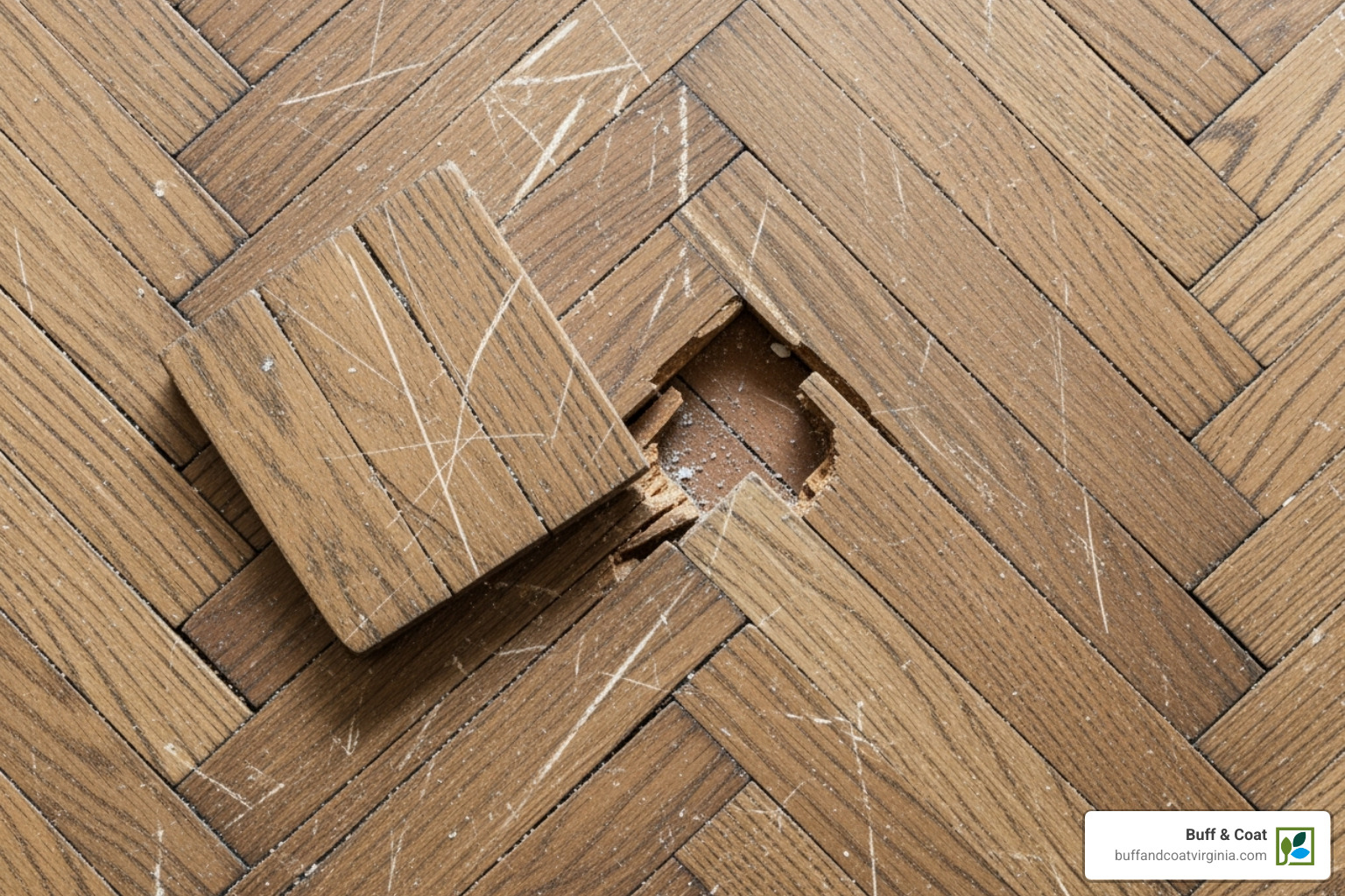a damaged parquet floor showing scratches and a loose block - parquet flooring restoration near me a damaged parquet floor showing scratches and a loose block - parquet flooring restoration near me
