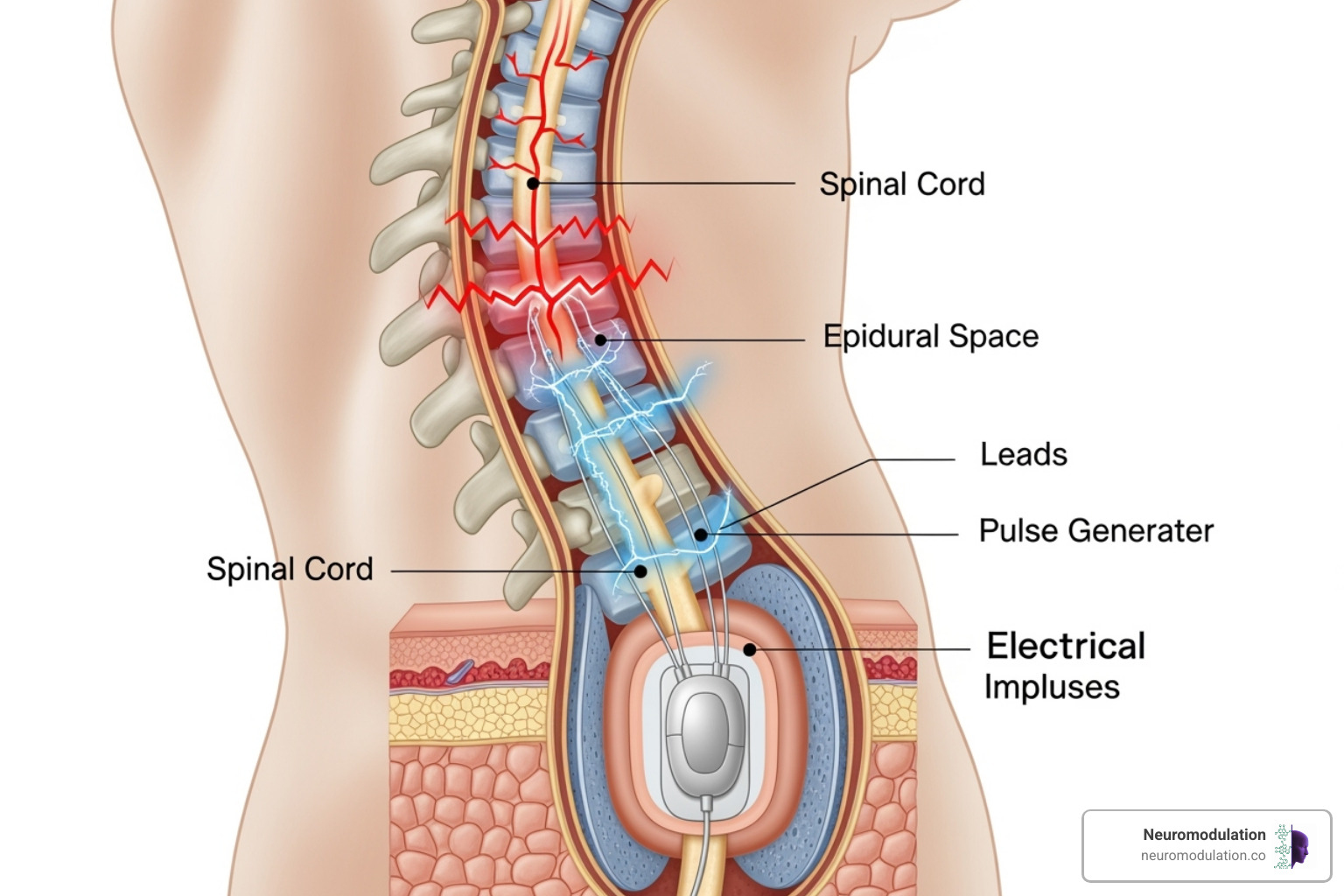 Illustration of a spinal cord stimulator system showing the leads implanted in the epidural space, the pulse generator, and the path of electrical impulses interrupting pain signals to the brain - Spinal cord stimulator reviews