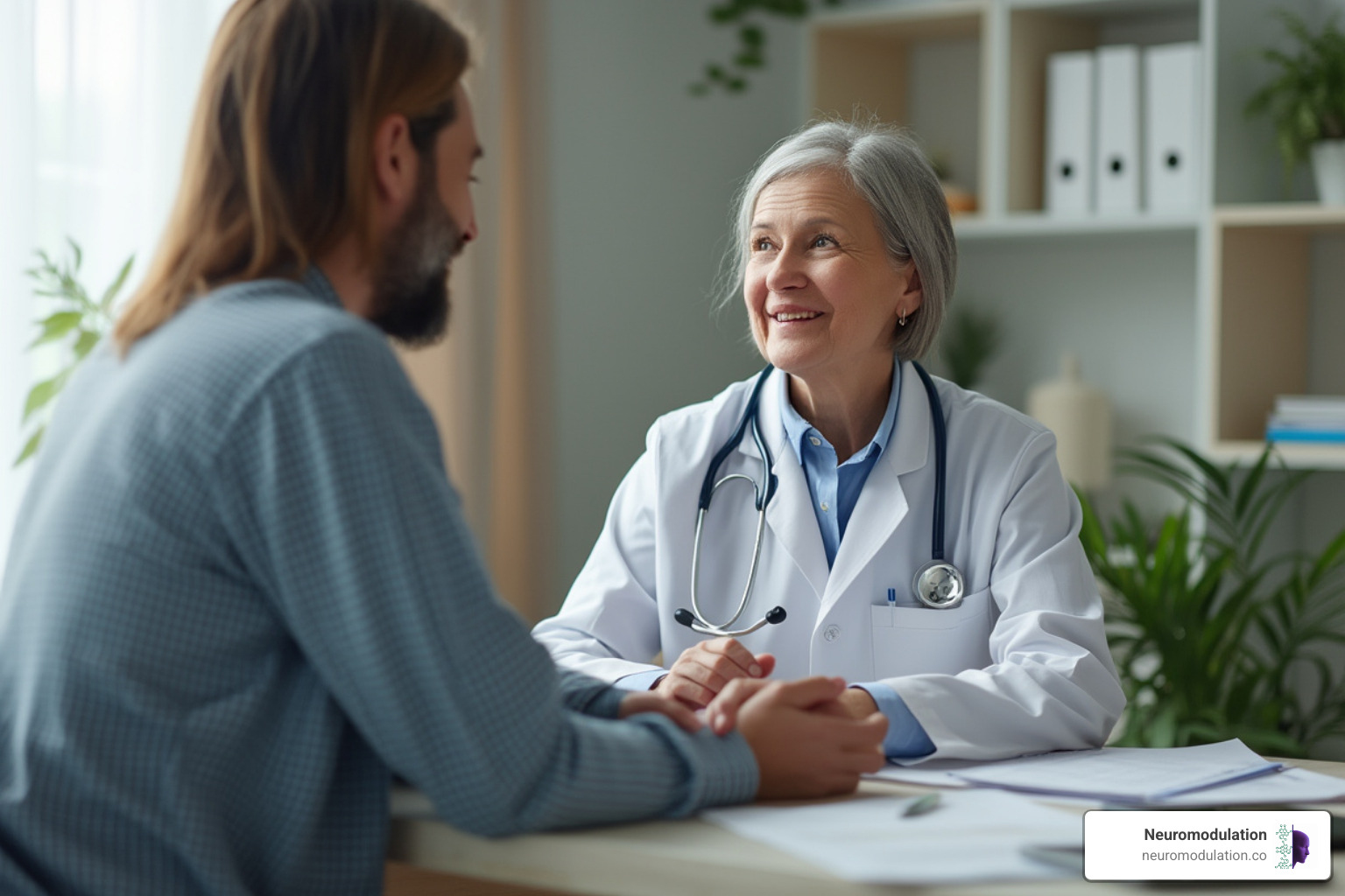 A patient and doctor sitting at a desk, engaged in a detailed and empathetic conversation, with medical charts and a tablet visible on the table. The setting is a comfortable and modern office, emphasizing trust and open communication. - Spinal cord stimulator reviews