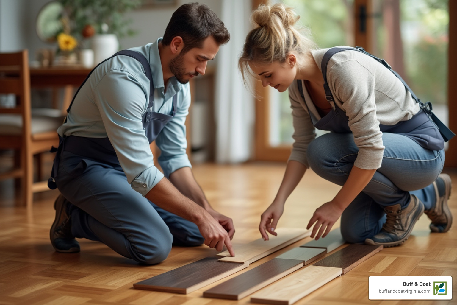 a contractor showing a client finish samples on a small section of floor - parquet flooring restoration near me a contractor showing a client finish samples on a small section of floor - parquet flooring restoration near me