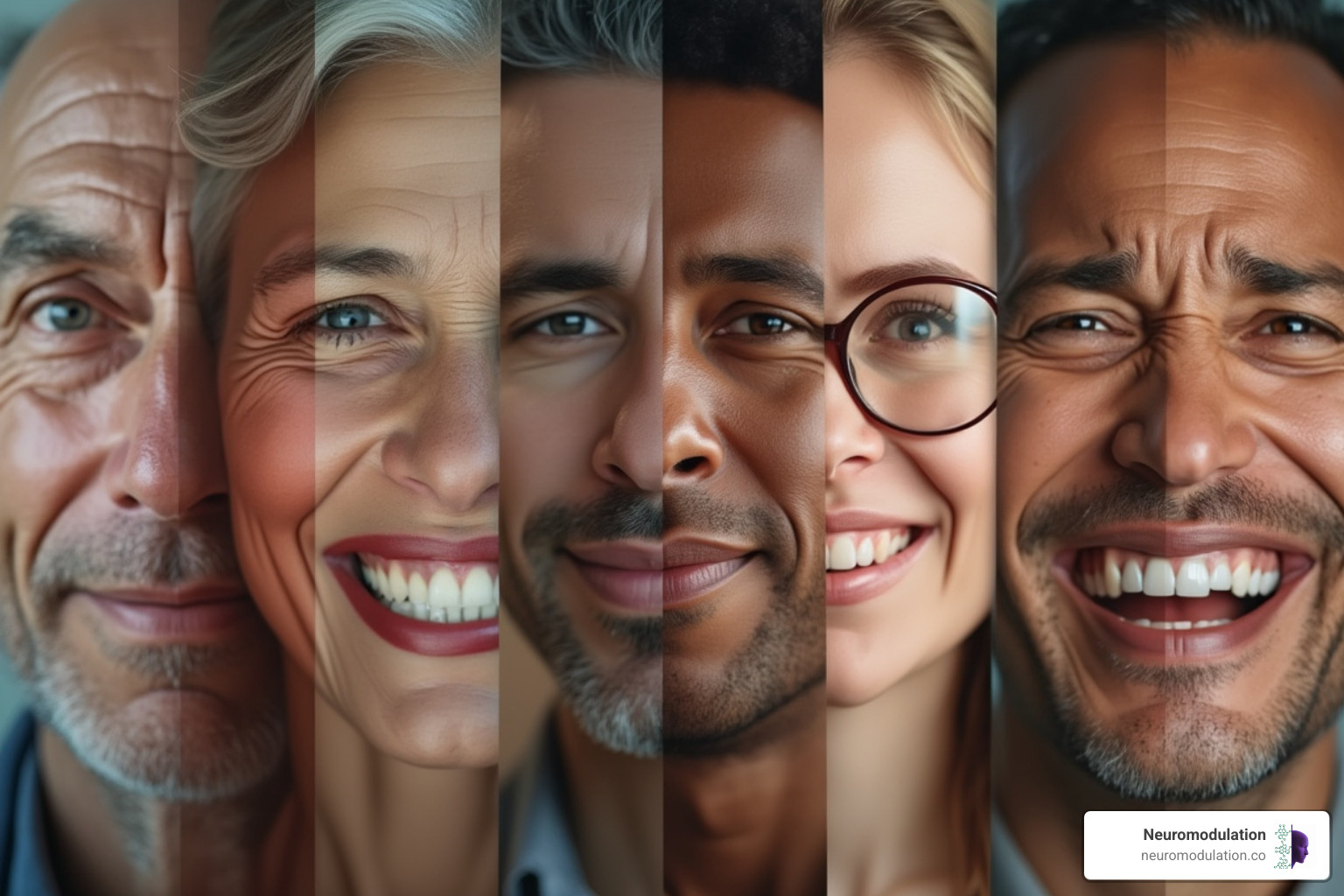 Collage of diverse patient faces showing a range of emotions from profound relief and joy to concern, frustration, and contemplation - Spinal cord stimulator reviews