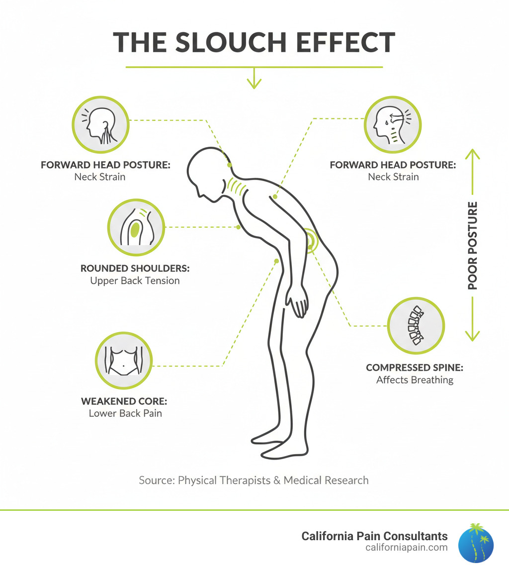 Infographic showing the effects of poor posture on the body, including forward head posture leading to neck strain, rounded shoulders causing upper back tension, compressed spine affecting breathing, and weakened core muscles contributing to lower back pain - is a posture corrector worth it infographic Infographic showing the effects of poor posture on the body, including forward head posture leading to neck strain, rounded shoulders causing upper back tension, compressed spine affecting breathing, and weakened core muscles contributing to lower back pain - is a posture corrector worth it infographic