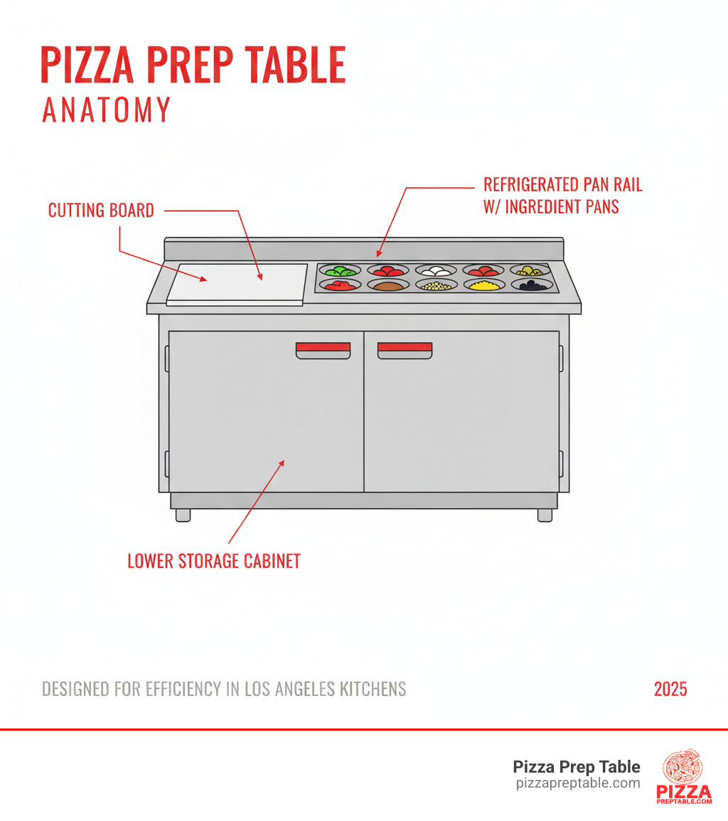 Infographic showing the anatomy of a commercial pizza prep table, including cutting board, refrigerated pan rail with ingredient pans, and lower storage cabinet. - pizza prep table in Los Angeles infographic  Infographic showing the anatomy of a commercial pizza prep table, including cutting board, refrigerated pan rail with ingredient pans, and lower storage cabinet. - pizza prep table in Los Angeles infographic