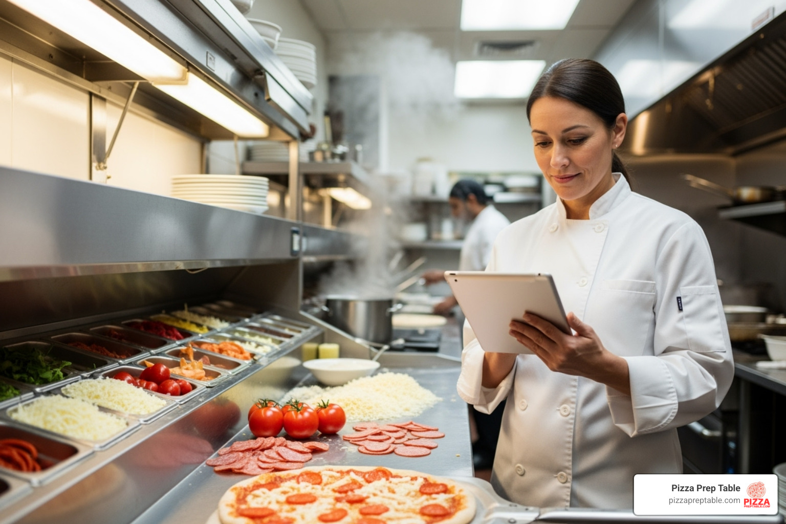 Image of a restaurant owner reviewing financing options on a tablet in front of a pizza prep table. - pizza prep table in Los Angeles Image of a restaurant owner reviewing financing options on a tablet in front of a pizza prep table. - pizza prep table in Los Angeles