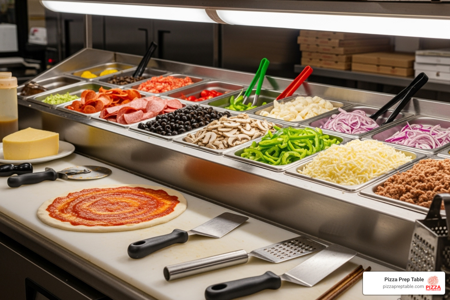 Image of various pizza toppings organized in stainless steel pans on a refrigerated rail. - pizza prep table in Los Angeles Image of various pizza toppings organized in stainless steel pans on a refrigerated rail. - pizza prep table in Los Angeles