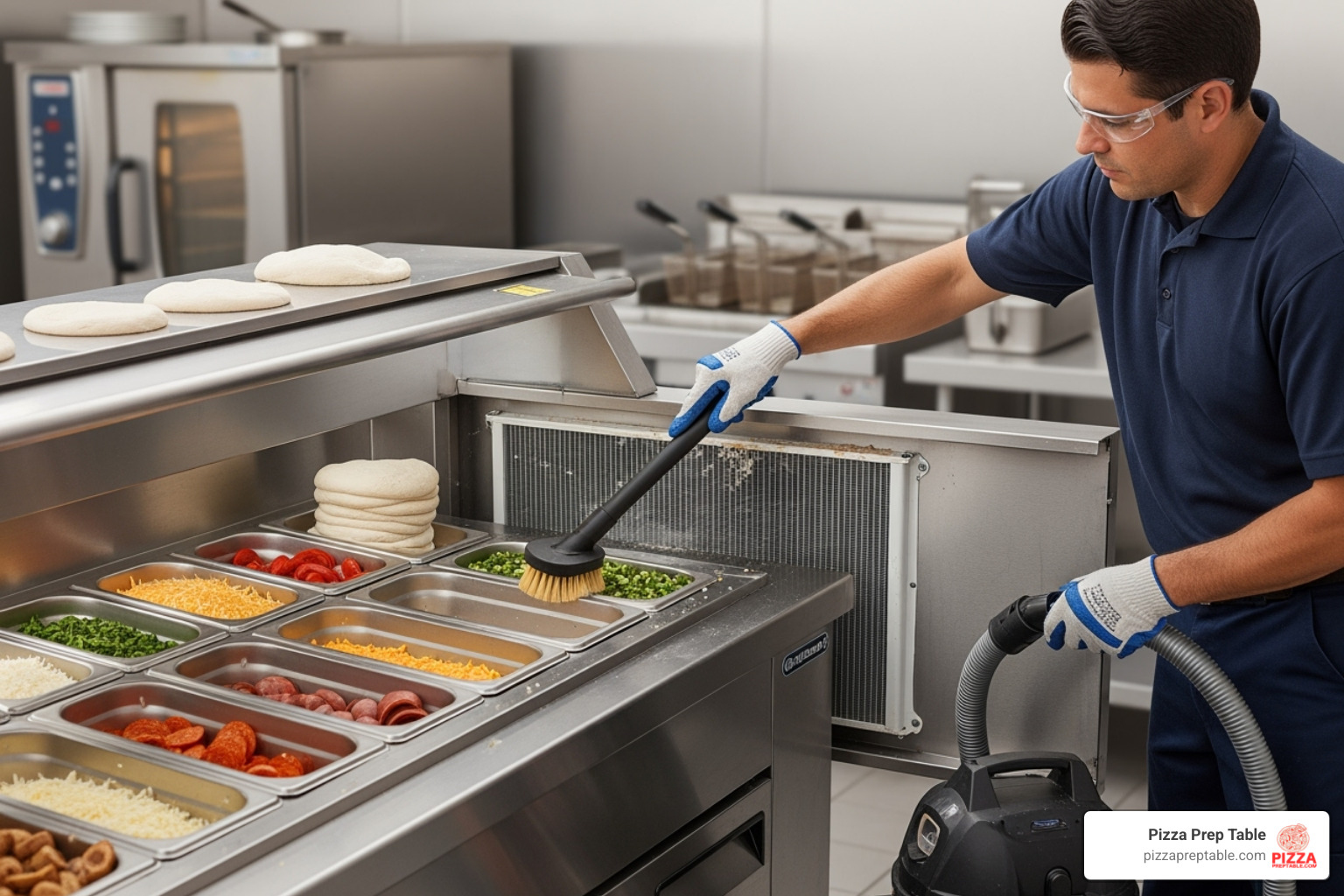 Image of a technician cleaning the condenser coil on a pizza prep table. - pizza prep table in Los Angeles Image of a technician cleaning the condenser coil on a pizza prep table. - pizza prep table in Los Angeles