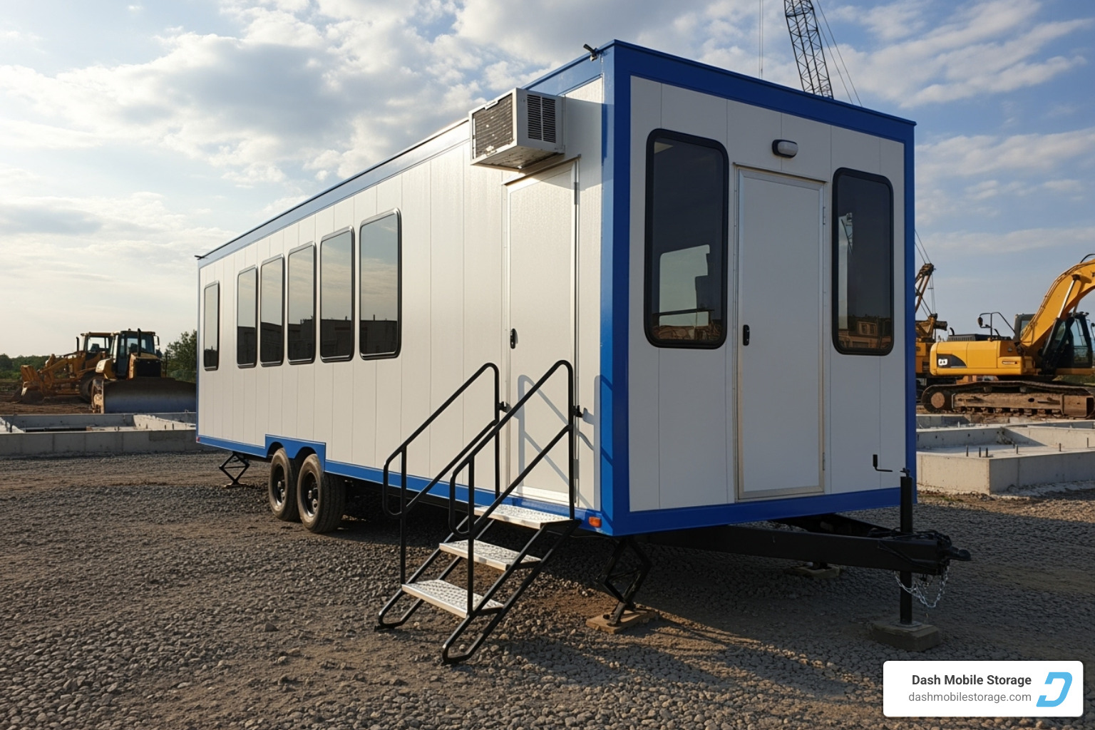A modern mobile office trailer with steps and railing, positioned on a construction site with other equipment in the background. - portable office rentals near me A modern mobile office trailer with steps and railing, positioned on a construction site with other equipment in the background. - portable office rentals near me