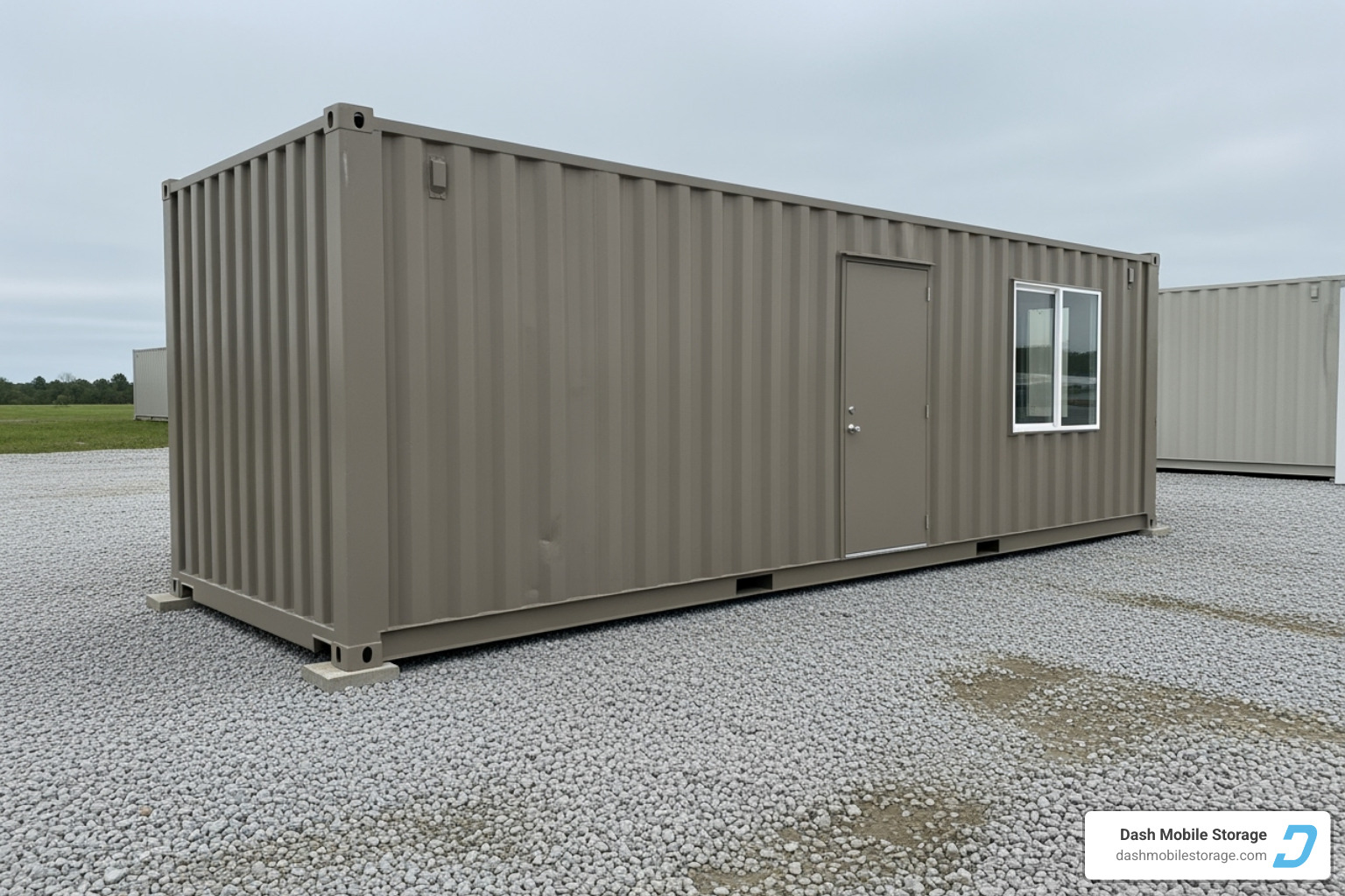 A ground-level container office, painted a neutral color, with a side door and window, situated on a gravel lot. - portable office rentals near me A ground-level container office, painted a neutral color, with a side door and window, situated on a gravel lot. - portable office rentals near me