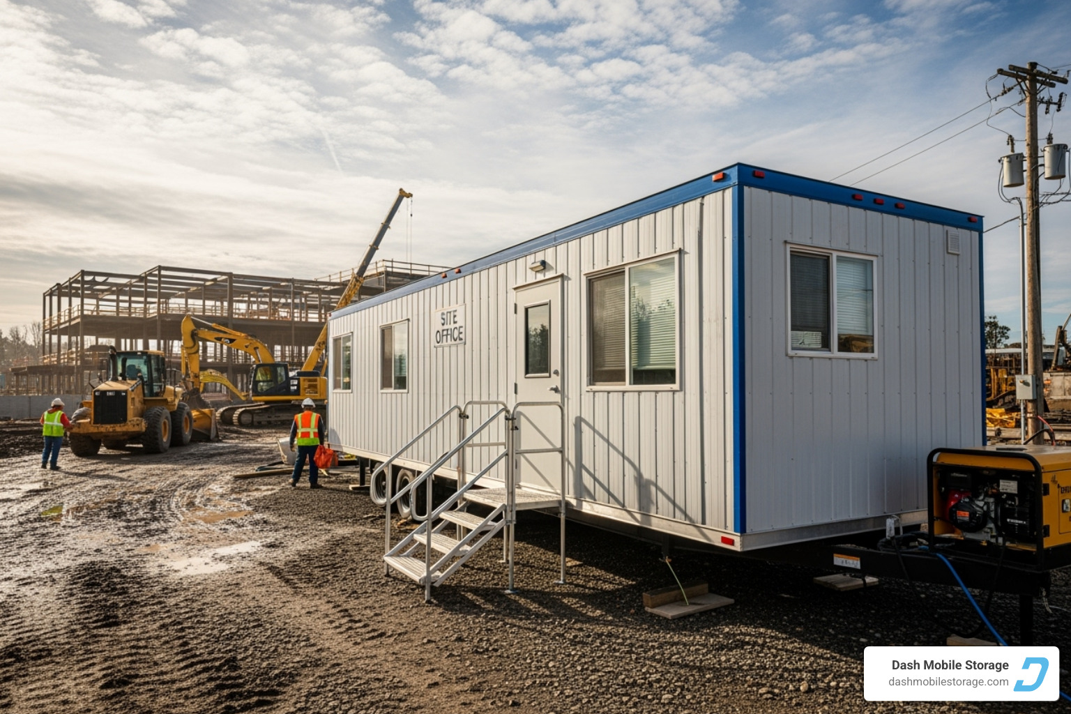 A large portable office trailer on a construction site, with heavy machinery and building structures in the background, signifying its use as a central command post. - portable office rentals near me A large portable office trailer on a construction site, with heavy machinery and building structures in the background, signifying its use as a central command post. - portable office rentals near me