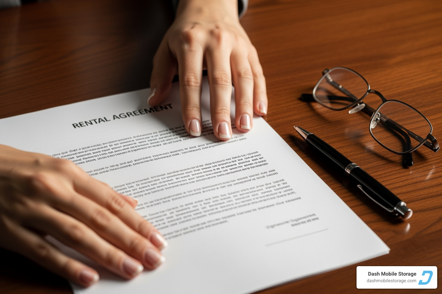 A person's hands reviewing a rental agreement document on a wooden table, with a pen and glasses nearby. - portable office rentals near me A person's hands reviewing a rental agreement document on a wooden table, with a pen and glasses nearby. - portable office rentals near me