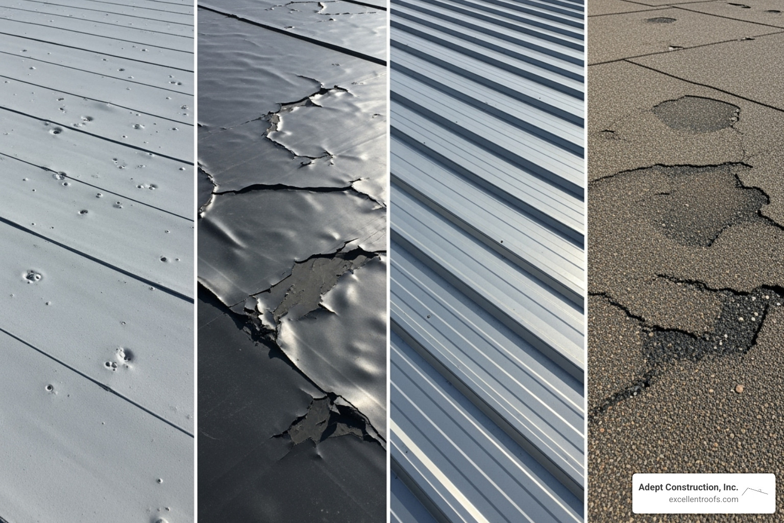 Side-by-side comparison of different commercial roofing materials, some showing signs of hail impact and others appearing resilient - hail damage commercial roofing