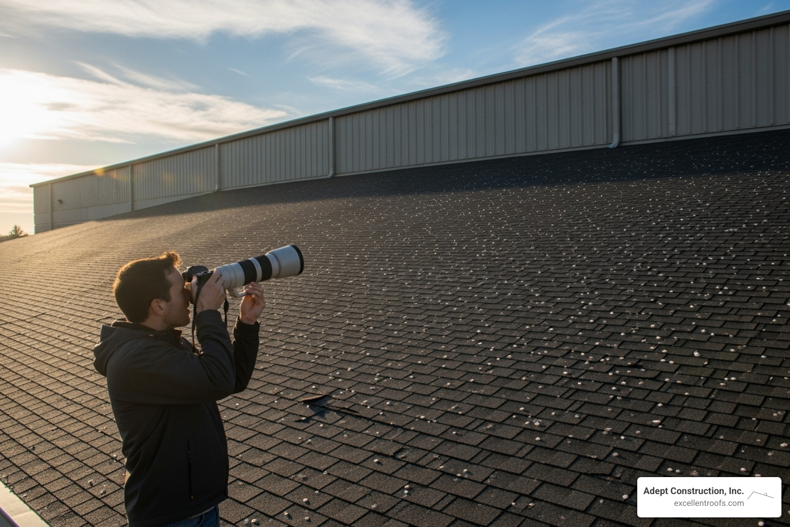Person safely taking photos of roof damage from the ground with a zoom lens - hail damage commercial roofing
