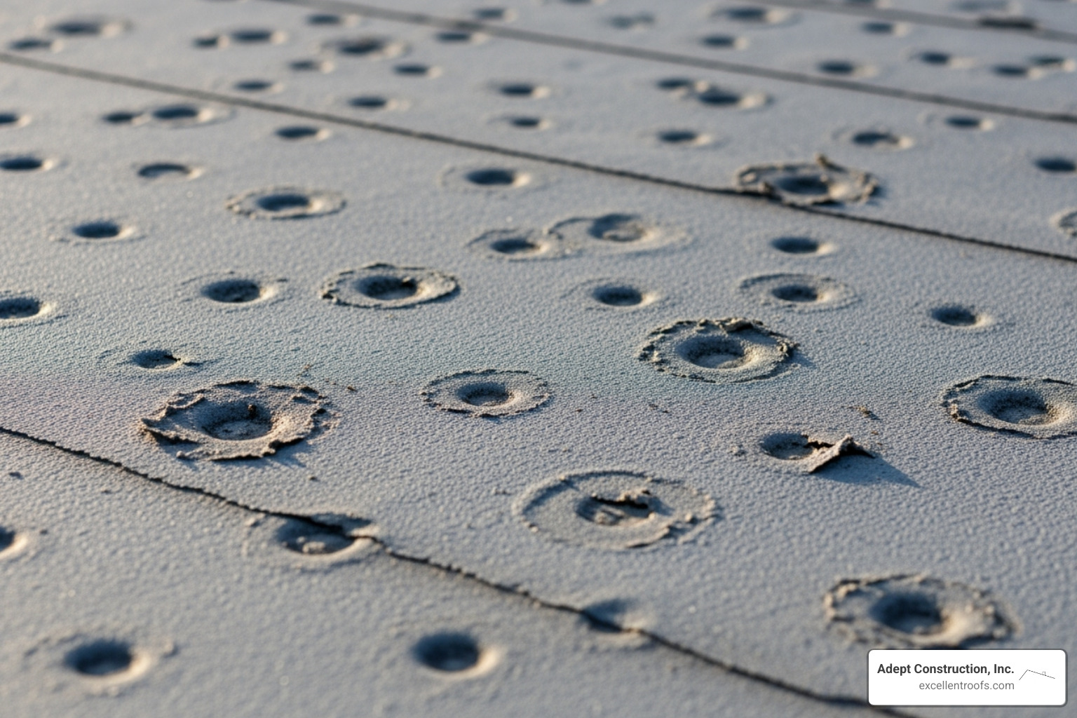 Close-up of a damaged commercial roof membrane with small, circular indentations, indicating hail impact - hail damage commercial roofing