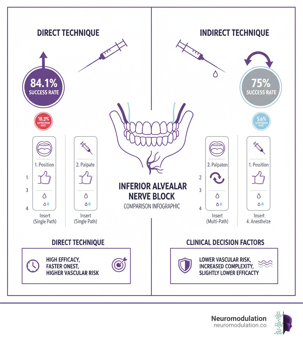 Comprehensive comparison infographic showing direct vs indirect IANB techniques with anatomical landmarks, needle trajectories, success rates, aspiration rates, procedural steps, and clinical decision factors for choosing between techniques - direct and indirect technique of inferior alveolar nerve block infographic Comprehensive comparison infographic showing direct vs indirect IANB techniques with anatomical landmarks, needle trajectories, success rates, aspiration rates, procedural steps, and clinical decision factors for choosing between techniques - direct and indirect technique of inferior alveolar nerve block infographic