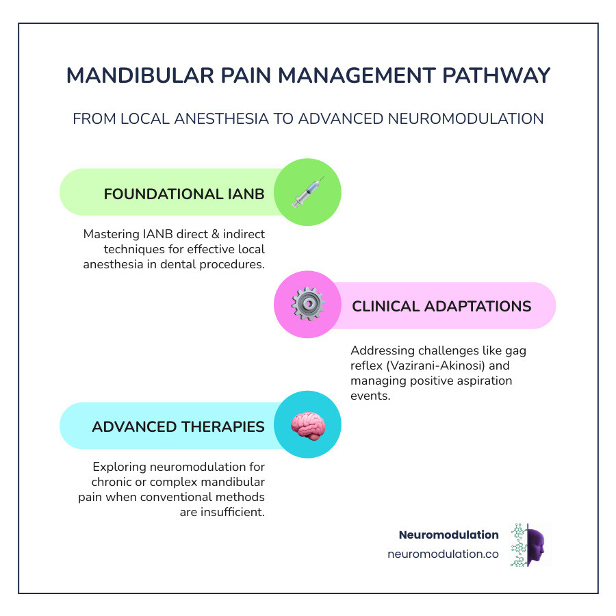 Infographic illustrating a treatment pathway for chronic mandibular pain, starting from conservative care (e.g., IANB techniques) to advanced therapies like peripheral nerve stimulation, with clear decision points and outcomes - direct and indirect technique of inferior alveolar nerve block infographic infographic-line-3-steps-colors Infographic illustrating a treatment pathway for chronic mandibular pain, starting from conservative care (e.g., IANB techniques) to advanced therapies like peripheral nerve stimulation, with clear decision points and outcomes - direct and indirect technique of inferior alveolar nerve block infographic infographic-line-3-steps-colors
