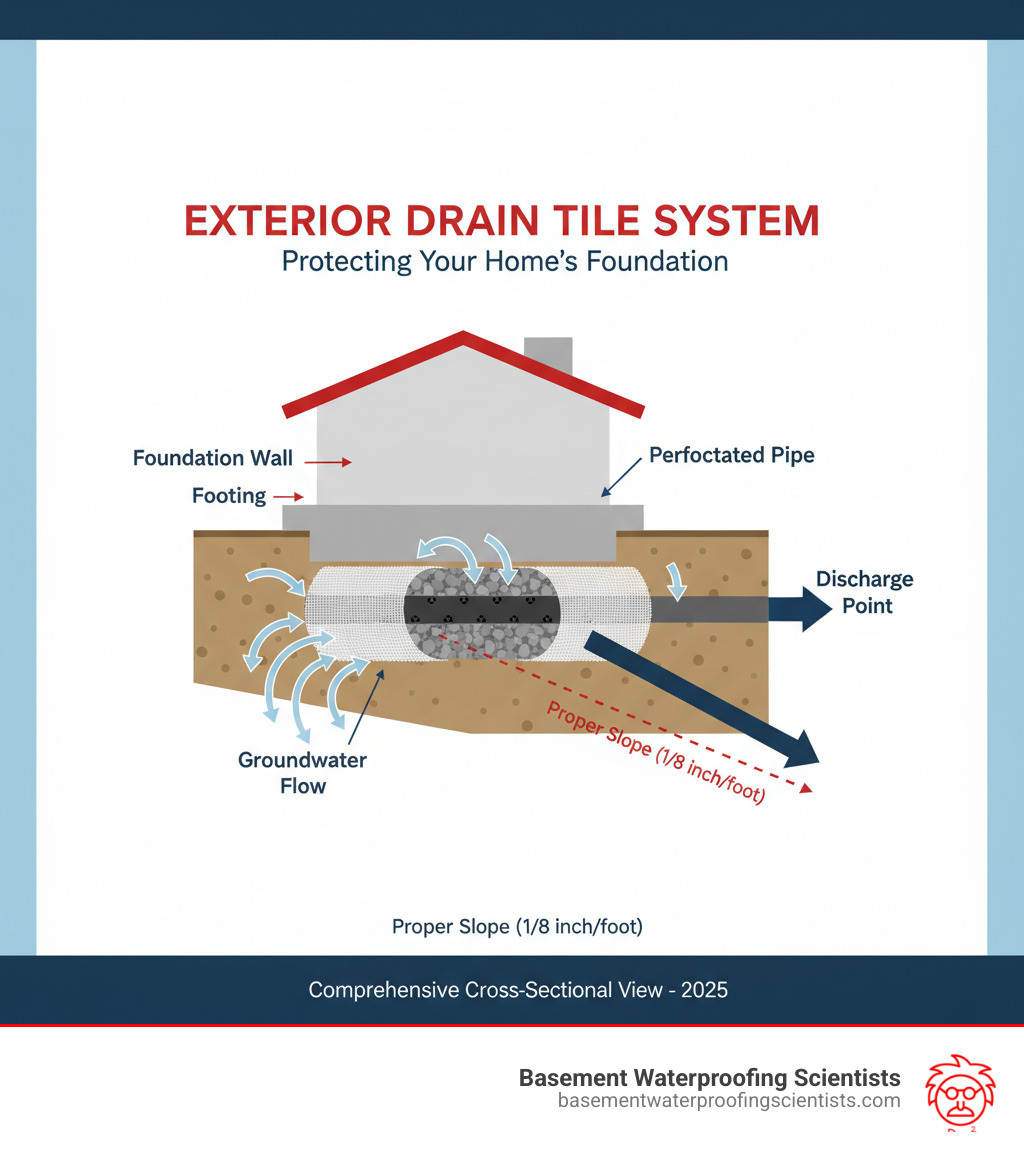 Comprehensive infographic showing cross-section view of exterior drain tile system installation around house foundation, displaying perforated pipe placement below footing level, gravel bed layers, filter fabric wrapping, proper slope toward discharge point, and water flow direction arrows indicating groundwater collection and redirection away from foundation walls - installing drain tile around house infographic Comprehensive infographic showing cross-section view of exterior drain tile system installation around house foundation, displaying perforated pipe placement below footing level, gravel bed layers, filter fabric wrapping, proper slope toward discharge point, and water flow direction arrows indicating groundwater collection and redirection away from foundation walls - installing drain tile around house infographic